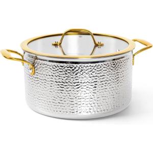 Michelangelo Triply Stainless Steel Stock Pot with Lid, Luxury Hammered Stainless Steel 6 Quart Pot with Lid & Golden Handle, Premium Induction Stockpot – 6QT