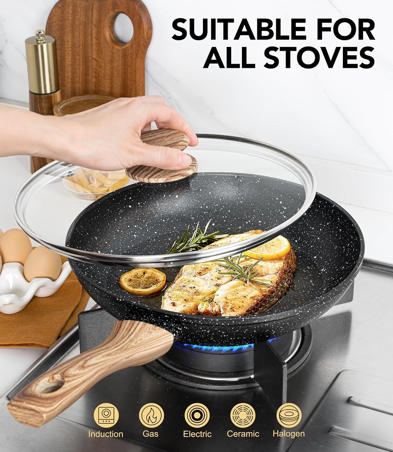 image:imageMICHELANGELO 10 Inch Frying Pan with Lid Nonstick Frying Pan with Healthy Granite Coating Nonstick Pan with AntiScald Handle Induction CompatibleBlack Granite