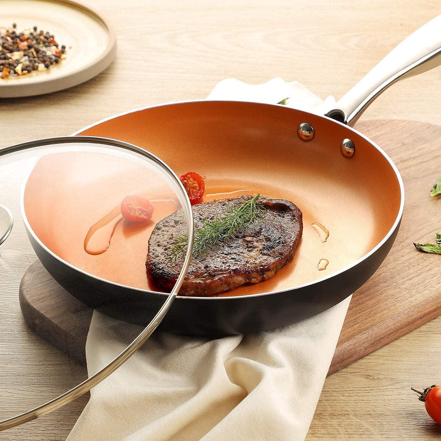 image:imageMICHELANGELO 8 Inch 10 Inch 12 Inch Frying Pan Set Copper Frying Pan Set with Lid 81012