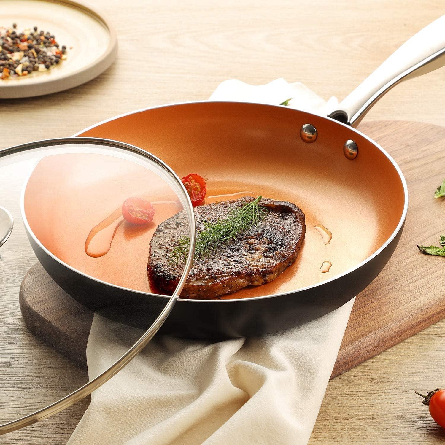 image:imageMICHELANGELO 8 Inch 12 Inch Frying Pan Set Copper Frying Pan Set with Lid Nonstick Frying Pan Set Copper Pans with Lid Nonstick Skillets with Lid Ceramic Fry Pan with Lid 8 12