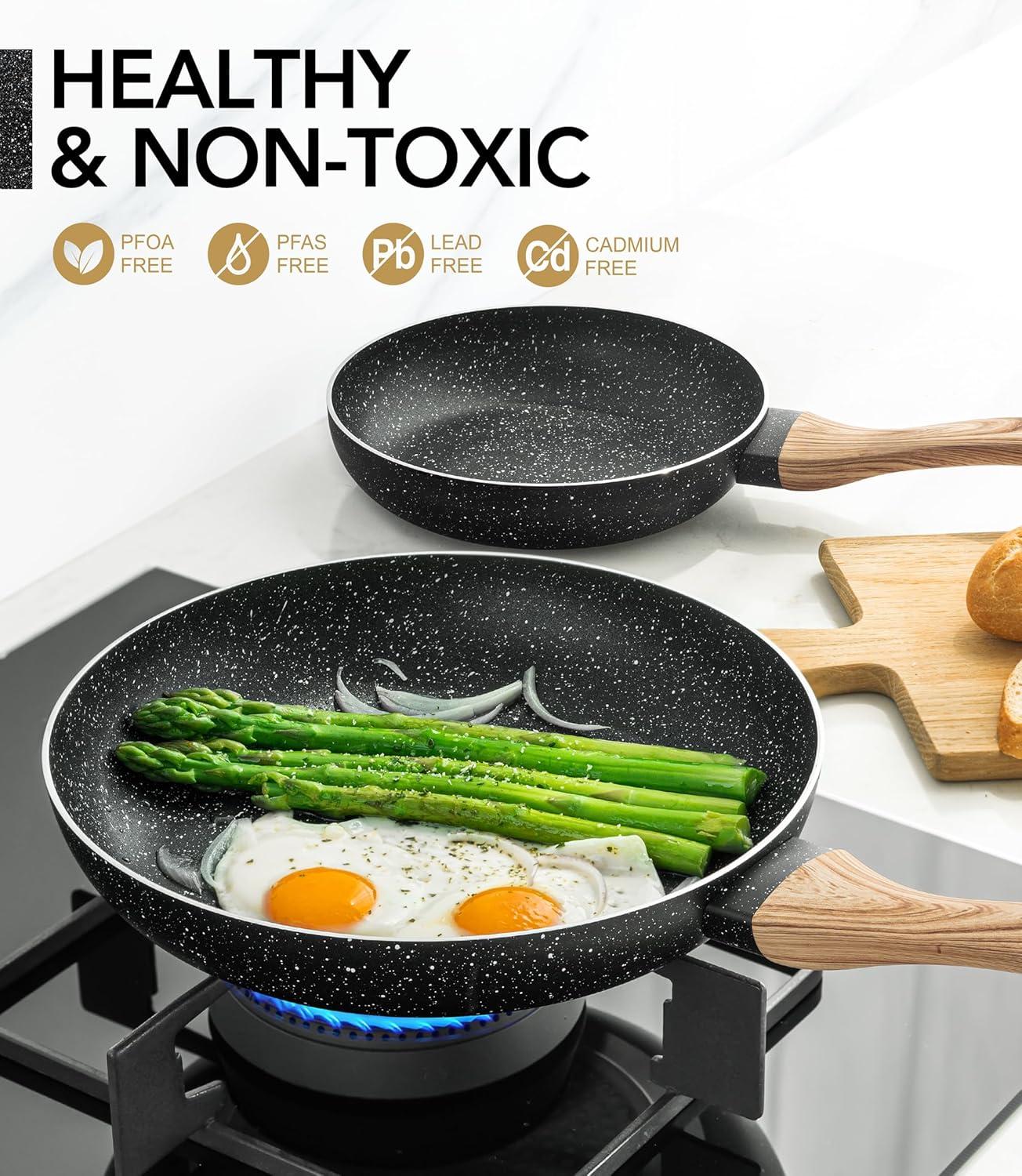 image:imageMICHELANGELO Granite Frying Pans 8 Inch 95 Inch and 11 Inch Nonstick Frying Pan Set with AntiScald Handle WhiteBlack Granite