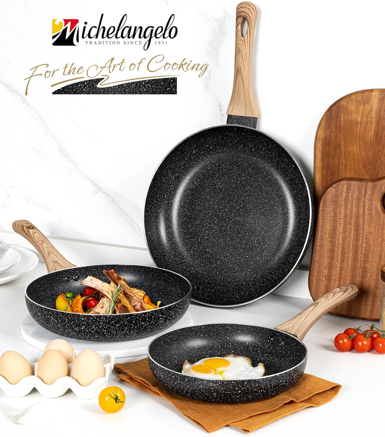 image:imageMICHELANGELO Granite Frying Pans 8 Inch 95 Inch and 11 Inch Nonstick Frying Pan Set with AntiScald Handle WhiteBlack Granite