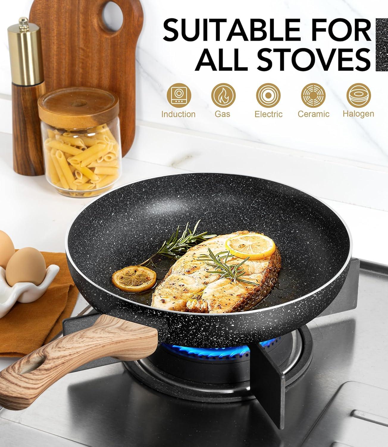 image:imageMICHELANGELO Granite Frying Pans 8 Inch 95 Inch and 11 Inch Nonstick Frying Pan Set with AntiScald Handle WhiteBlack Granite