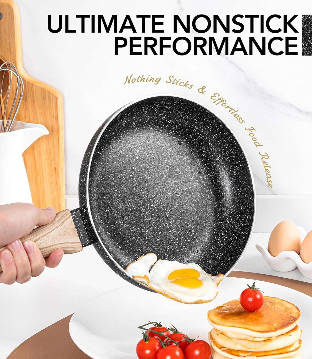 image:imageMICHELANGELO Granite Frying Pans 8 Inch 95 Inch and 11 Inch Nonstick Frying Pan Set with AntiScald Handle WhiteBlack Granite