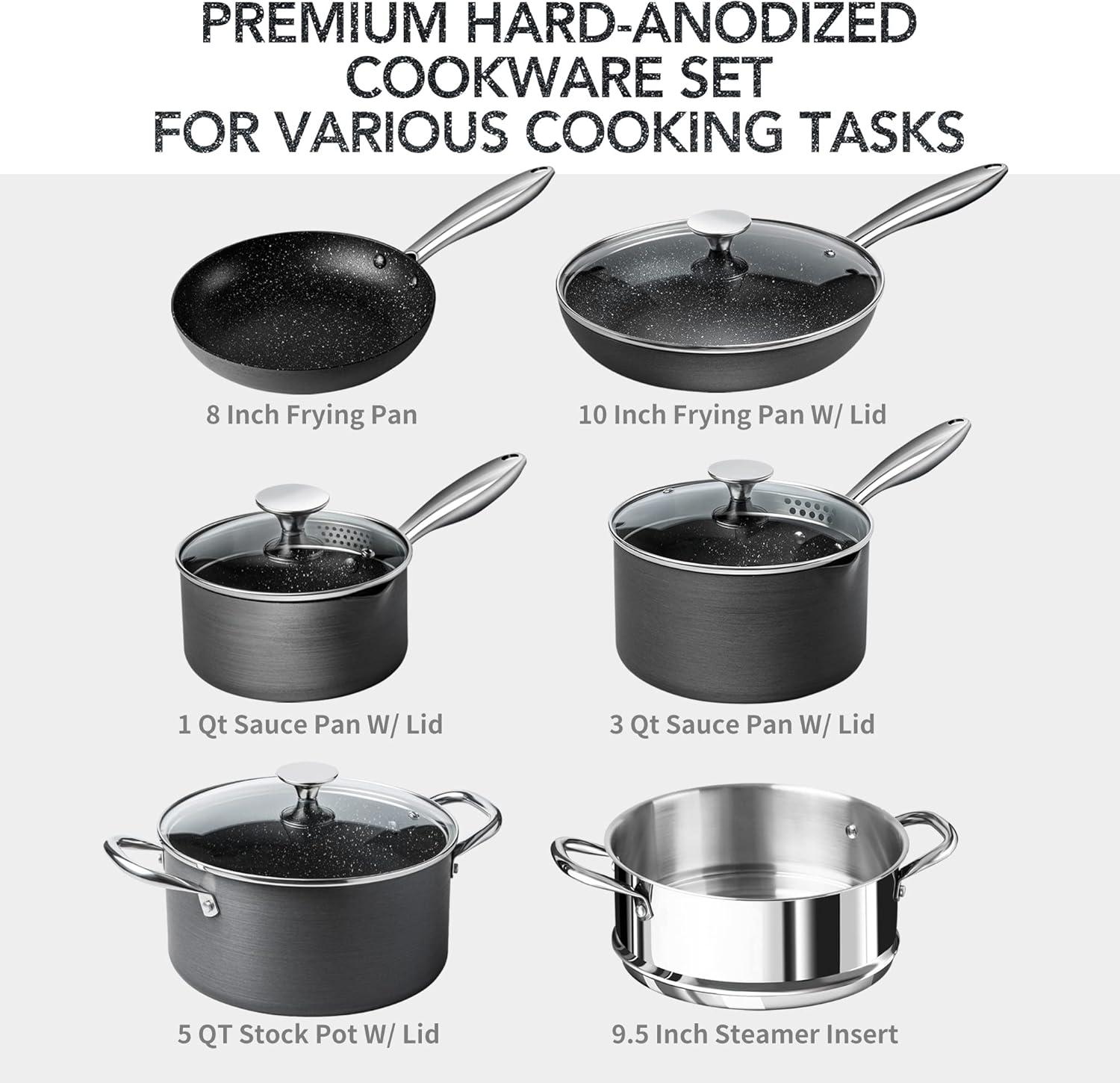 image:imageMICHELANGELO Hard Anodized Cookware Set 10 Pcs Non Stick Pots and Pans Set with Granite Interior Induction Cookware Set with Steamer InsertHard Anodized 10 pcs