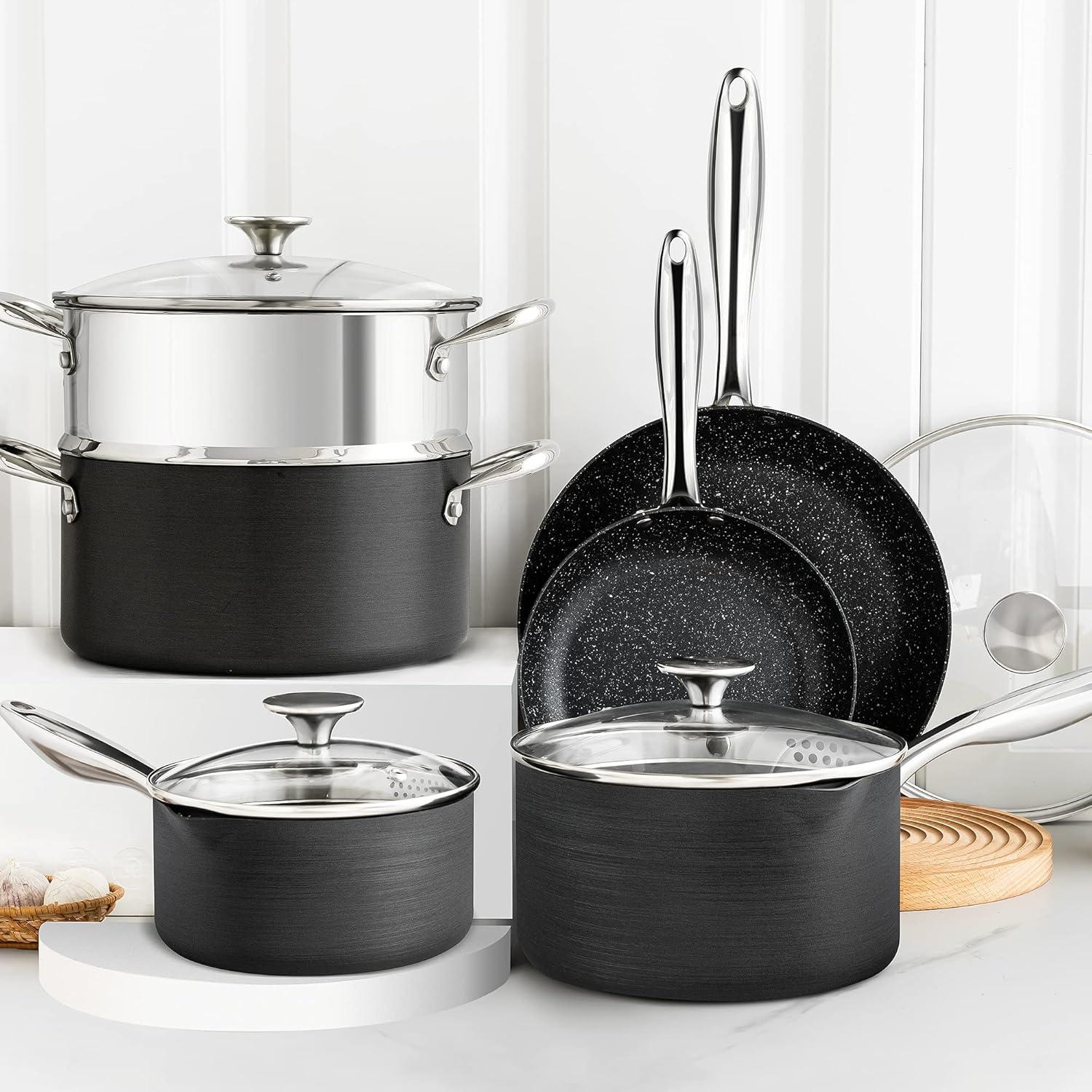 image:imageMICHELANGELO Hard Anodized Cookware Set 10 Pcs Non Stick Pots and Pans Set with Granite Interior Induction Cookware Set with Steamer InsertHard Anodized 10 pcs