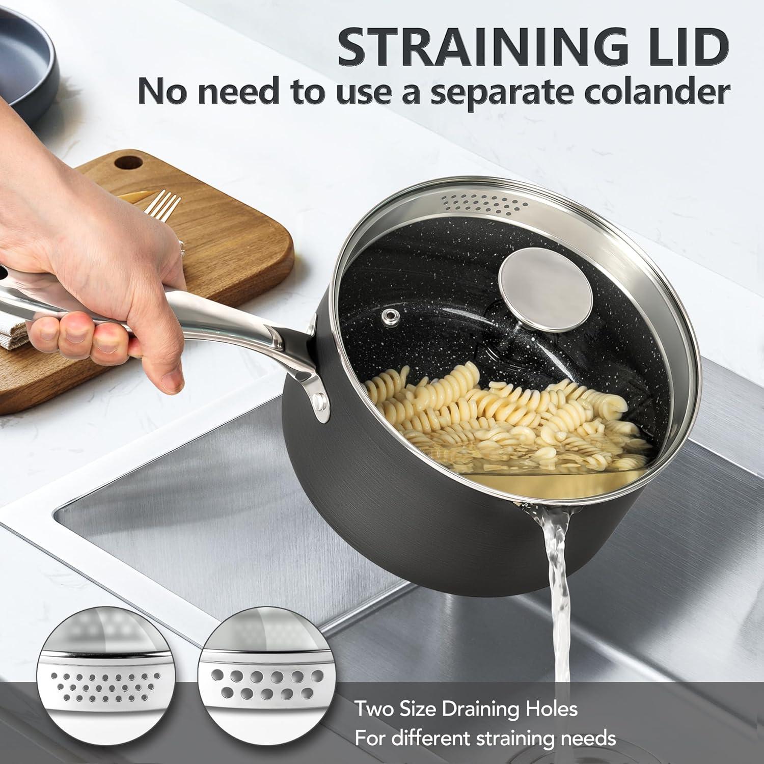 image:imageMICHELANGELO Hard Anodized Saucepan Set with Lids Nonstick Saucepan with Pour Spouts amp Strainer Lid for Easy Pour Granite Derived Coating Sauce Pot Set 15QT amp 2QT amp3QT Induction Sauce Pans1523 Quarts