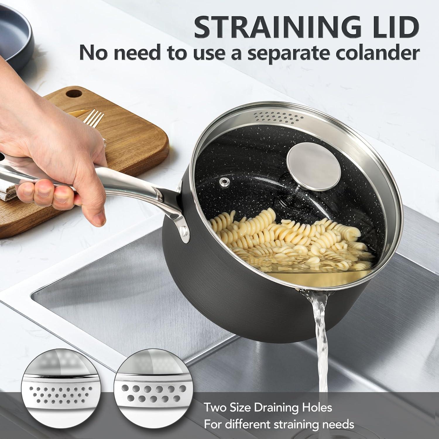image:imageMICHELANGELO Hard Anodized Saucepan Set with Lids Nonstick Saucepan with Pour Spouts amp Strainer Lid for Easy Pour Granite Derived Coating Sauce Pot Set 15QT amp 2QT amp3QT Induction Sauce Pans3 Quarts