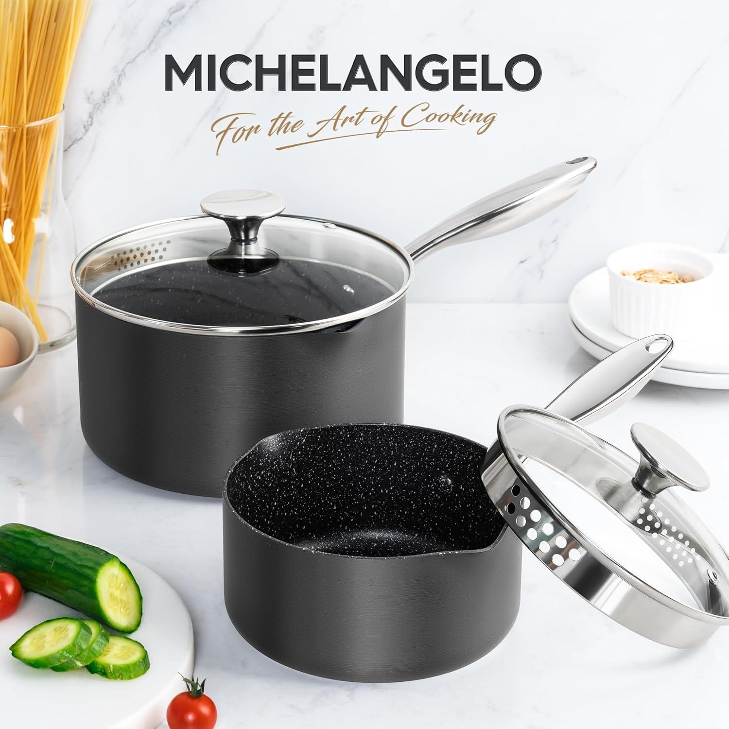 image:imageMICHELANGELO Hard Anodized Saucepan Set with Lids Nonstick Saucepan with Pour Spouts amp Strainer Lid for Easy Pour Granite Derived Coating Sauce Pot Set 15QT amp 2QT amp3QT Induction Sauce Pans153 Quarts