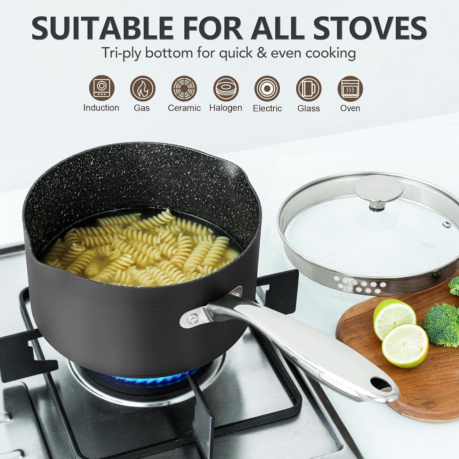 image:imageMICHELANGELO Hard Anodized Saucepan Set with Lids Nonstick Saucepan with Pour Spouts amp Strainer Lid for Easy Pour Granite Derived Coating Sauce Pot Set 15QT amp 2QT amp3QT Induction Sauce Pans1523 Quarts