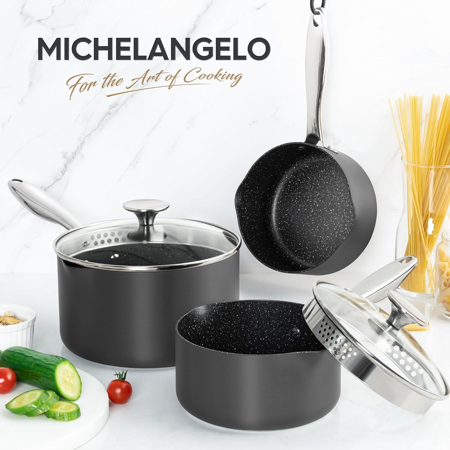 image:imageMICHELANGELO Hard Anodized Saucepan Set with Lids Nonstick Saucepan with Pour Spouts amp Strainer Lid for Easy Pour Granite Derived Coating Sauce Pot Set 15QT amp 2QT amp3QT Induction Sauce Pans1523 Quarts