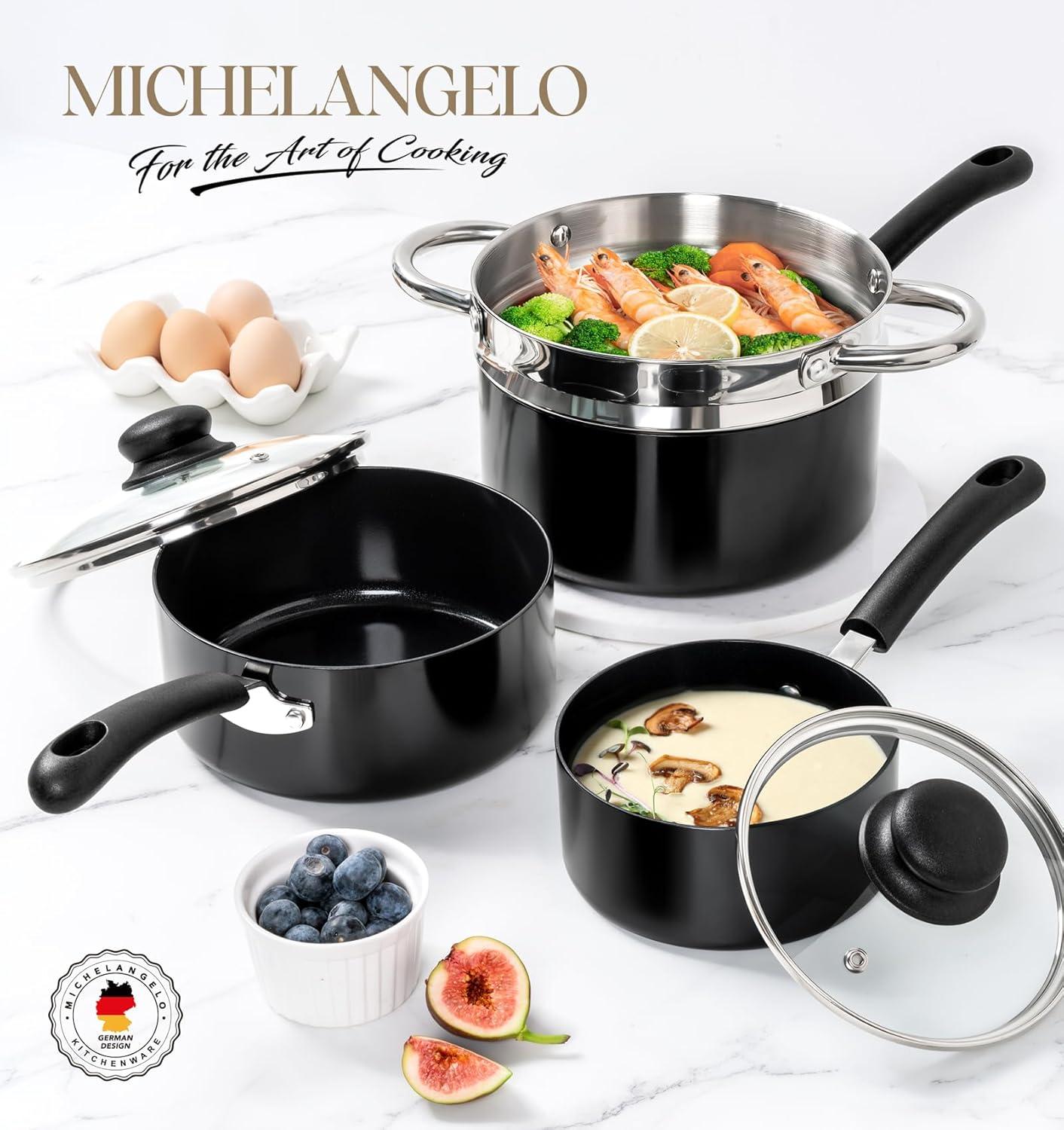 image:imageMICHELANGELO Nonstick Sauce Pan Sets Ceramic Saucepan with Lid Multipurpose Pot with Lid NonToxic Saucepans 1QT amp 2QT amp 3QT WhiteBlack
