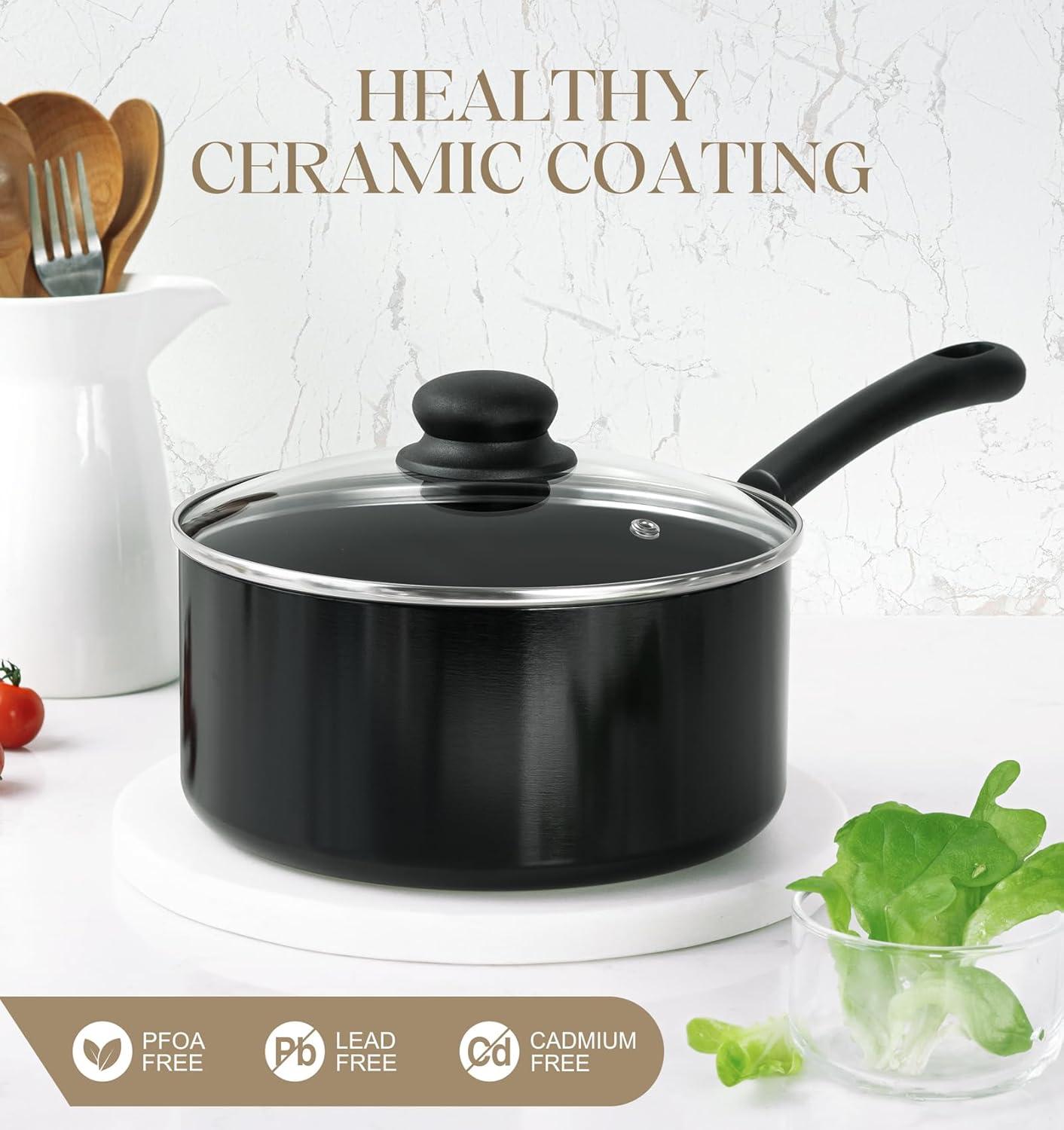 image:imageMICHELANGELO Nonstick Sauce Pan Sets Ceramic Saucepan with Lid Multipurpose Pot with Lid NonToxic Saucepans 1QT amp 2QT amp 3QT WhiteBlack