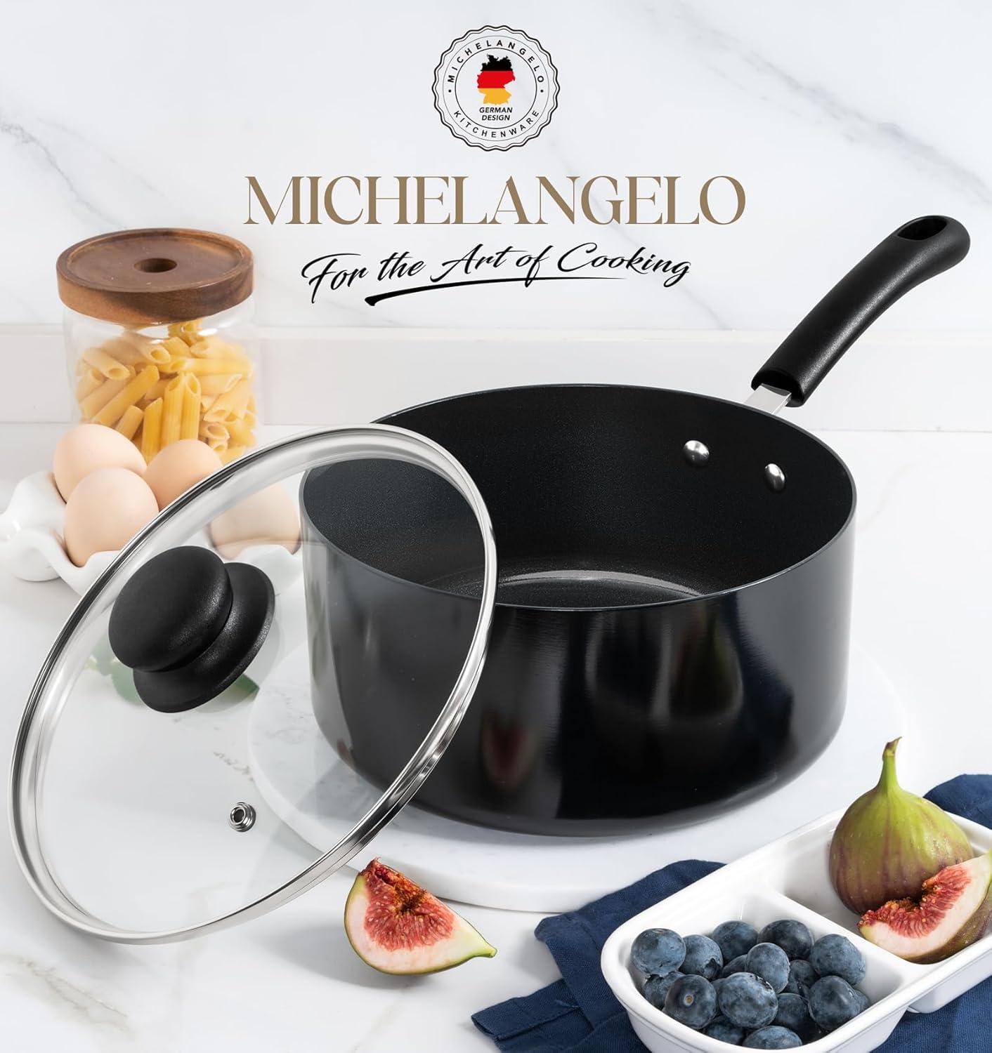 image:imageMICHELANGELO Nonstick Sauce Pan Sets Ceramic Saucepan with Lid Multipurpose Pot with Lid NonToxic Saucepans 1QT amp 2QT amp 3QT WhiteBlack