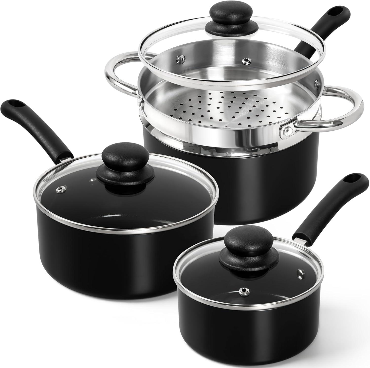 image:imageMICHELANGELO Nonstick Sauce Pan Sets Ceramic Saucepan with Lid Multipurpose Pot with Lid NonToxic Saucepans 1QT amp 2QT amp 3QT WhiteBlack