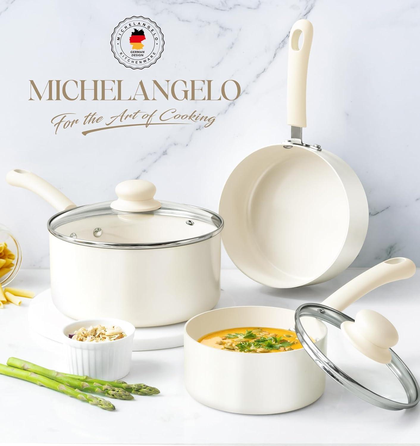image:imageMICHELANGELO Nonstick Sauce Pan Sets Ceramic Saucepan with Lid Multipurpose Pot with Lid NonToxic Saucepans 1QT amp 2QT amp 3QT WhiteWhite