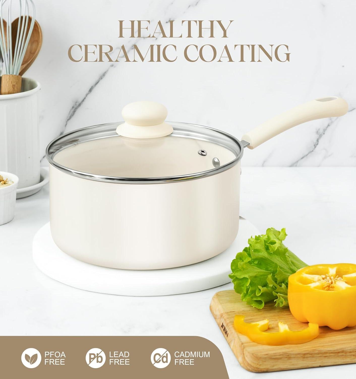 image:imageMICHELANGELO Nonstick Sauce Pan Sets Ceramic Saucepan with Lid Multipurpose Pot with Lid NonToxic Saucepans 1QT amp 2QT amp 3QT WhiteWhite