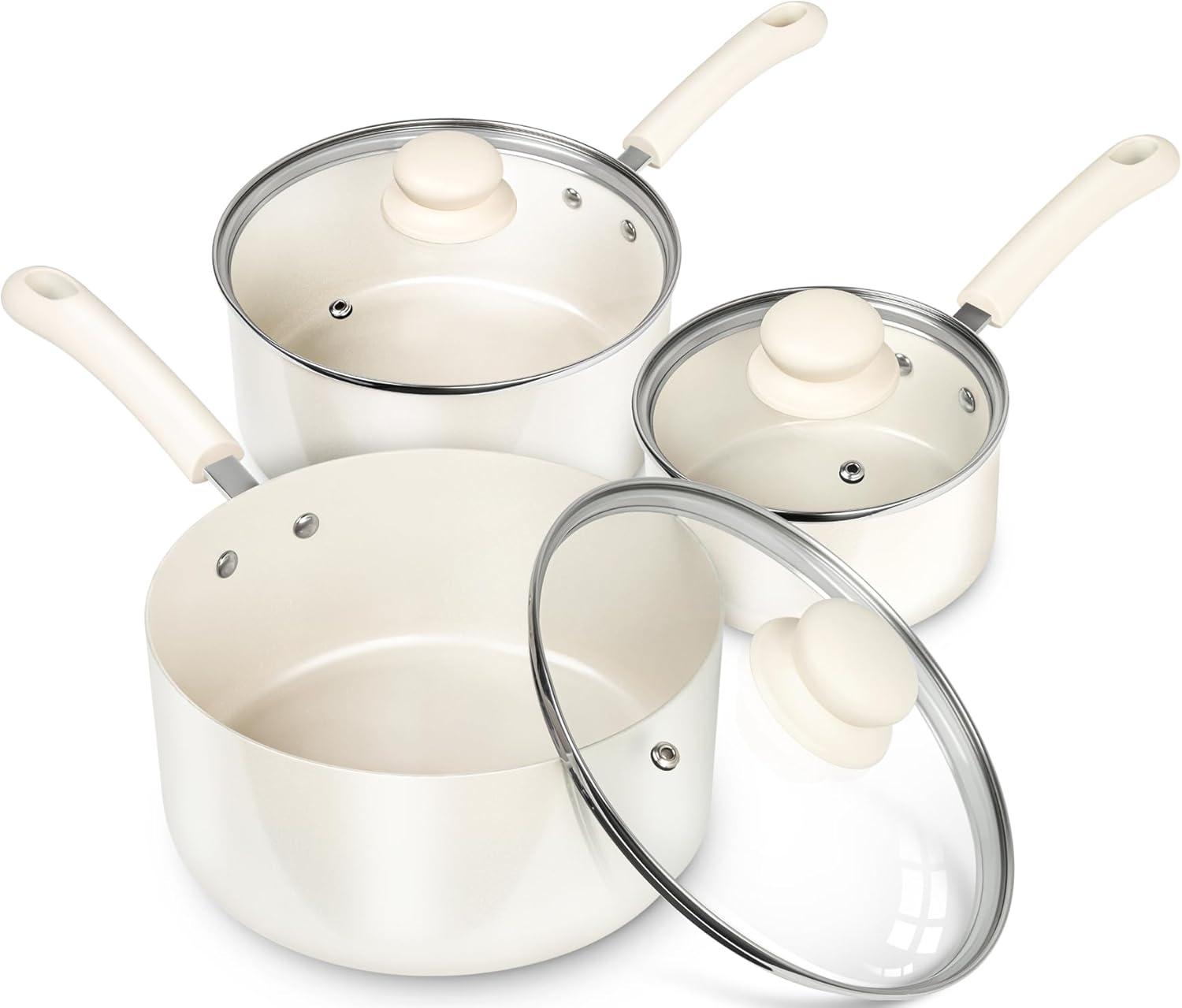 image:imageMICHELANGELO Nonstick Sauce Pan Sets Ceramic Saucepan with Lid Multipurpose Pot with Lid NonToxic Saucepans 1QT amp 2QT amp 3QT WhiteWhite