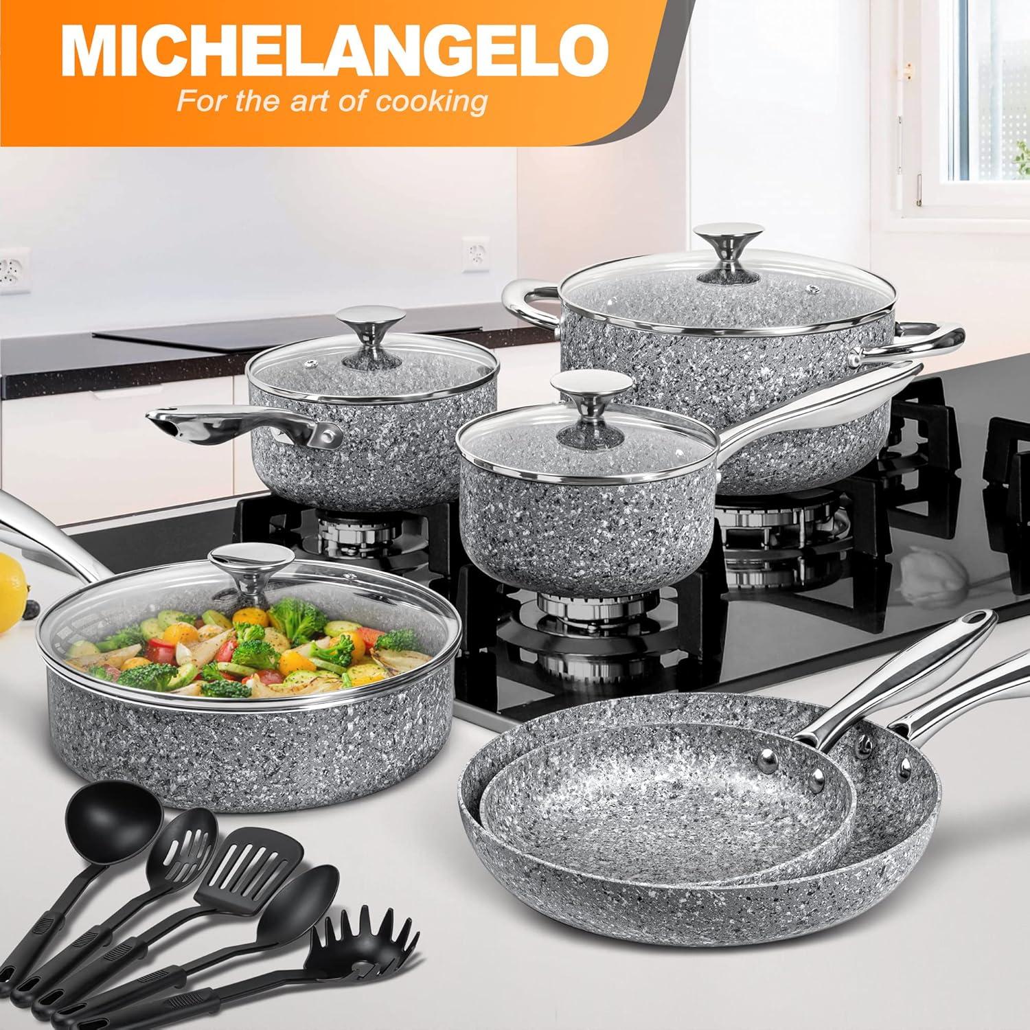 image:imageMICHELANGELO Pots and Pans Set 15 Piece Ultra Nonstick Kitchen Cookware Sets with StoneDerived Coating Stone Cookware Set with Untinsle Set amp Stone Cookware Set 10 Piece
