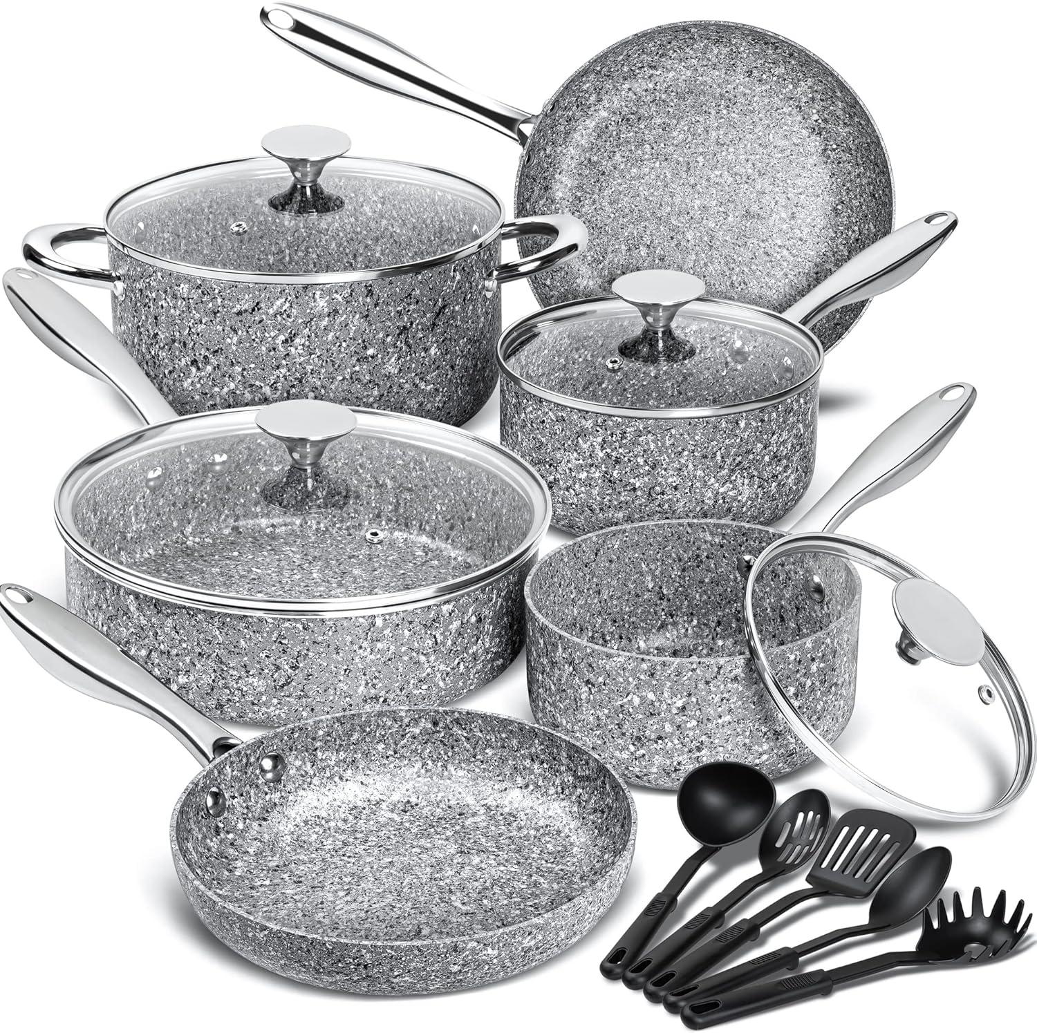 image:imageMICHELANGELO Pots and Pans Set 15 Piece Ultra Nonstick Kitchen Cookware Sets with StoneDerived Coating Stone Cookware Set with Untinsle Set amp Stone Cookware Set 10 Piece
