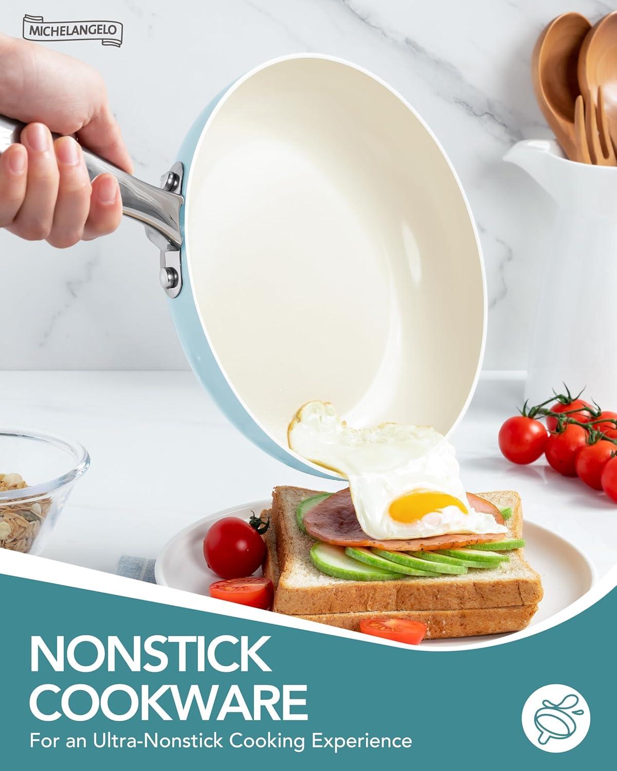 image:imageMICHELANGELO Pots and Pans Set Non Stick Titanium Cookware Set Non Toxic Ceramic Coating 8Pcs Nonstick Pots and Pans with Ergonomic Handle Dishwasher Safe amp Induction Compatible BlueCeramic Cookware Blue
