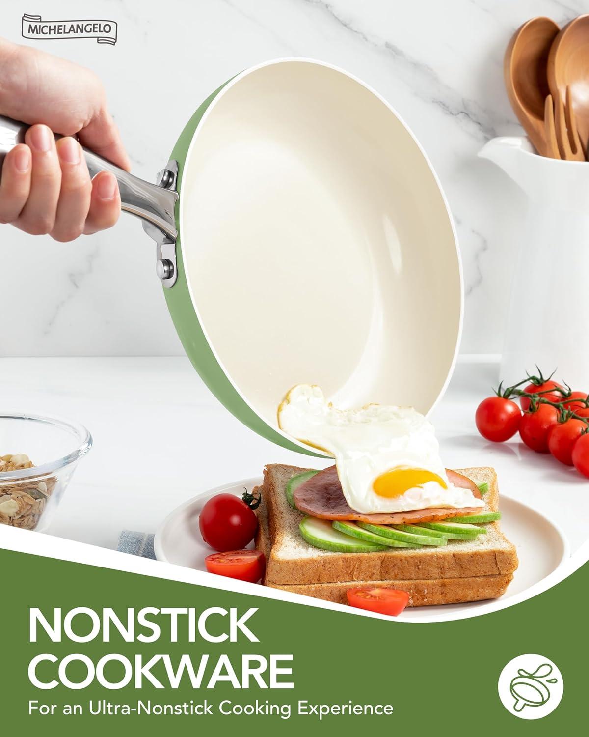 image:imageMICHELANGELO Pots and Pans Set Non Stick Titanium Cookware Set Non Toxic Ceramic Coating 8Pcs Nonstick Pots and Pans with Ergonomic Handle Dishwasher Safe amp Induction Compatible BlueCeramic Cookware Green