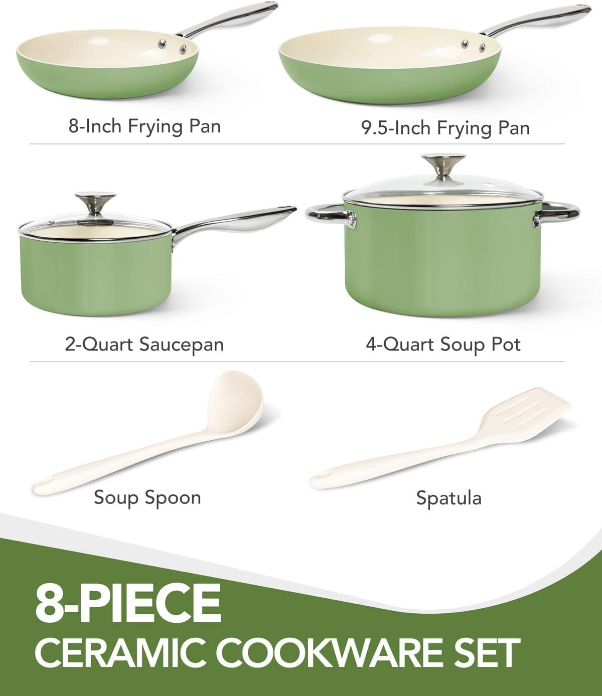 image:imageMICHELANGELO Pots and Pans Set Non Stick Titanium Cookware Set Non Toxic Ceramic Coating 8Pcs Nonstick Pots and Pans with Ergonomic Handle Dishwasher Safe amp Induction Compatible BlueCeramic Cookware Green