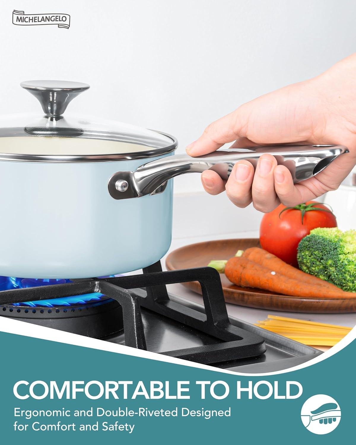 image:imageMICHELANGELO Pots and Pans Set Non Stick Titanium Cookware Set Non Toxic Ceramic Coating 8Pcs Nonstick Pots and Pans with Ergonomic Handle Dishwasher Safe amp Induction Compatible BlueCeramic Cookware Blue