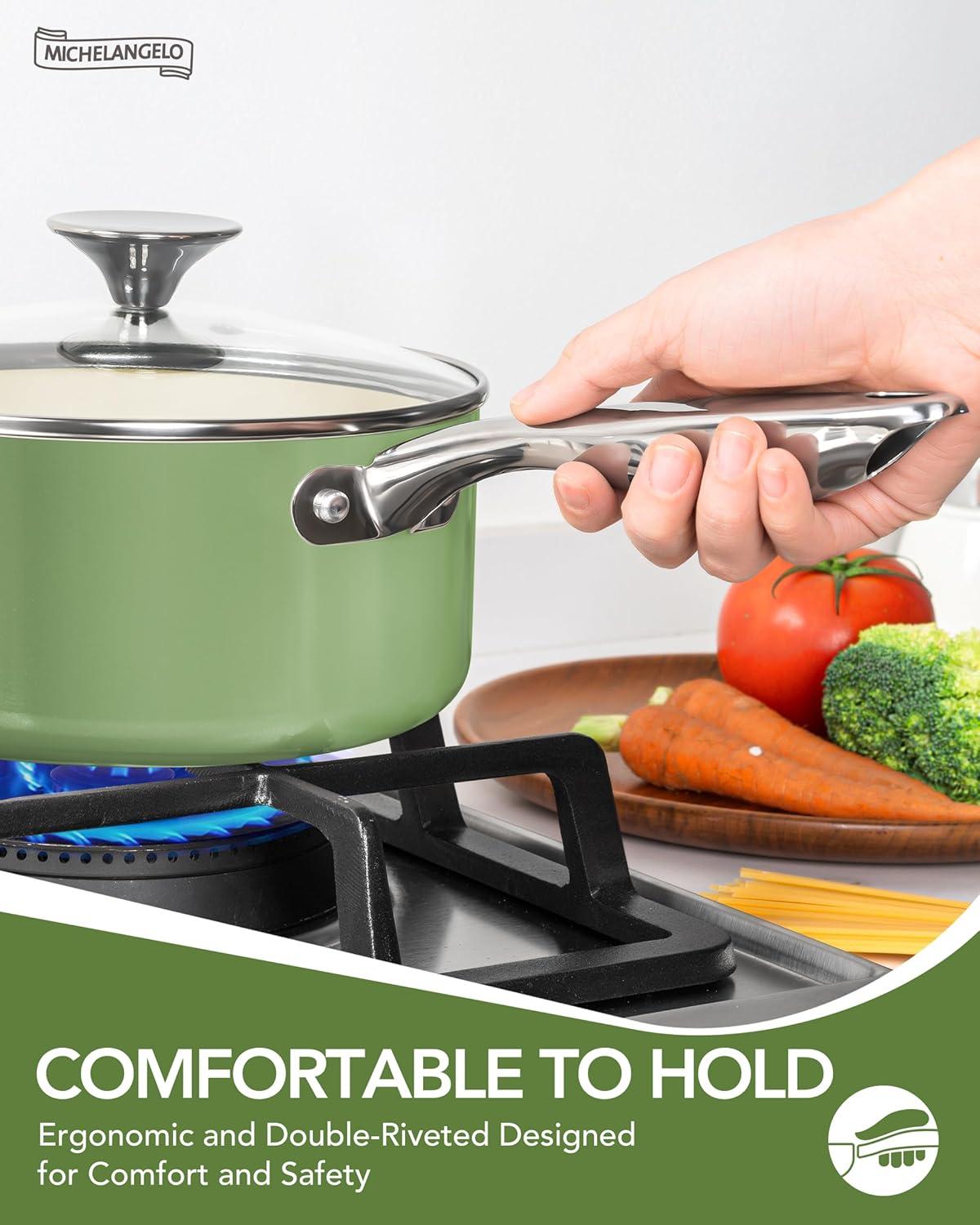 image:imageMICHELANGELO Pots and Pans Set Non Stick Titanium Cookware Set Non Toxic Ceramic Coating 8Pcs Nonstick Pots and Pans with Ergonomic Handle Dishwasher Safe amp Induction Compatible BlueCeramic Cookware Green