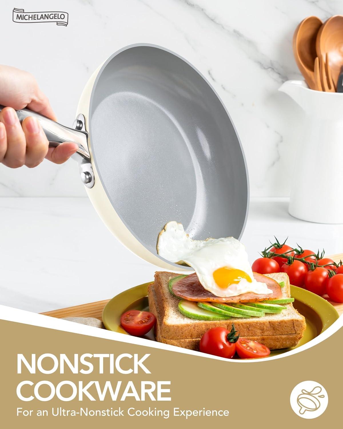 image:imageMICHELANGELO Pots and Pans Set Non Stick Titanium Cookware Set Non Toxic Ceramic Coating 8Pcs Nonstick Pots and Pans with Ergonomic Handle Dishwasher Safe amp Induction Compatible BlueCeramic Cookware Cream