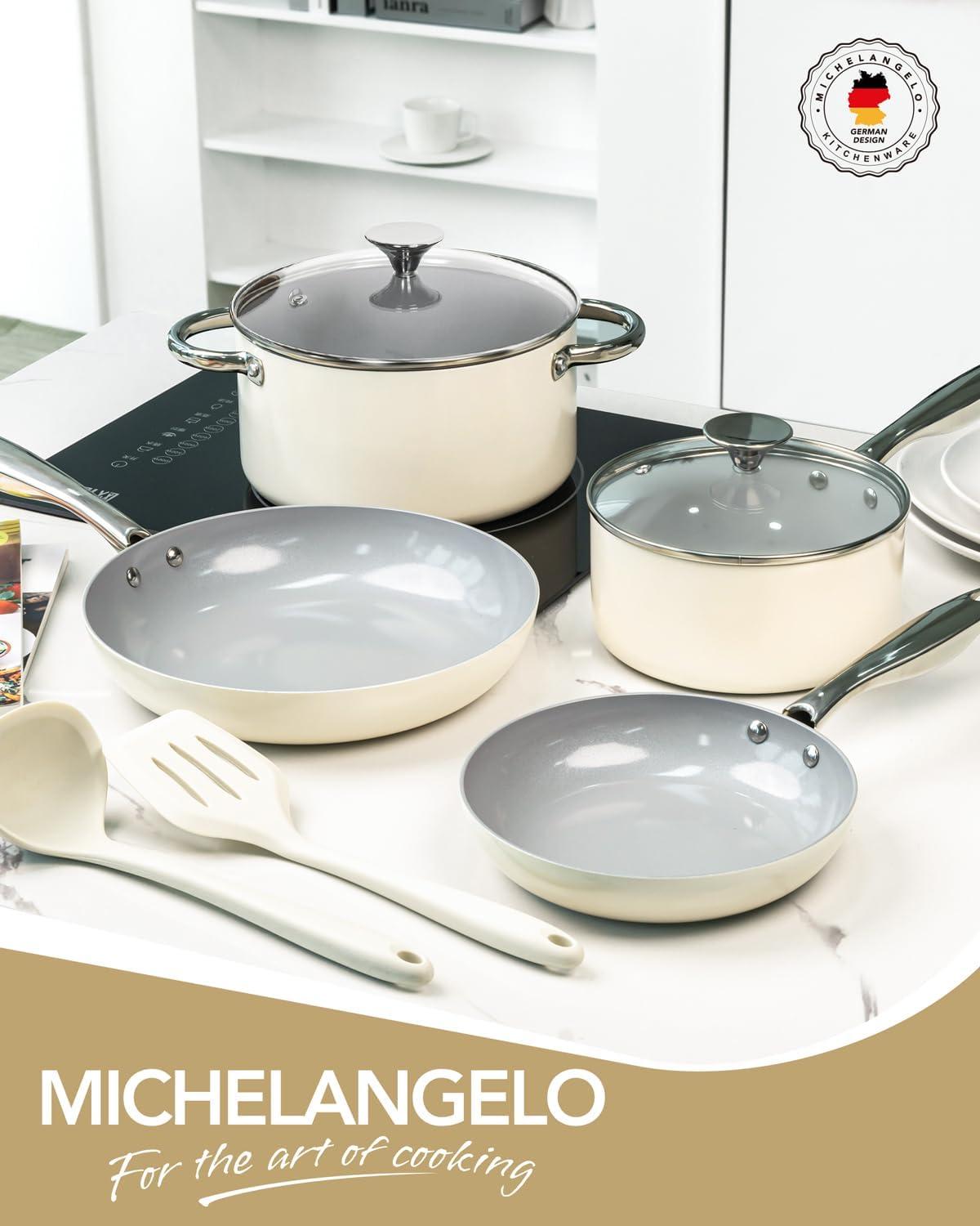 image:imageMICHELANGELO Pots and Pans Set Non Stick Titanium Cookware Set Non Toxic Ceramic Coating 8Pcs Nonstick Pots and Pans with Ergonomic Handle Dishwasher Safe amp Induction Compatible BlueCeramic Cookware Cream