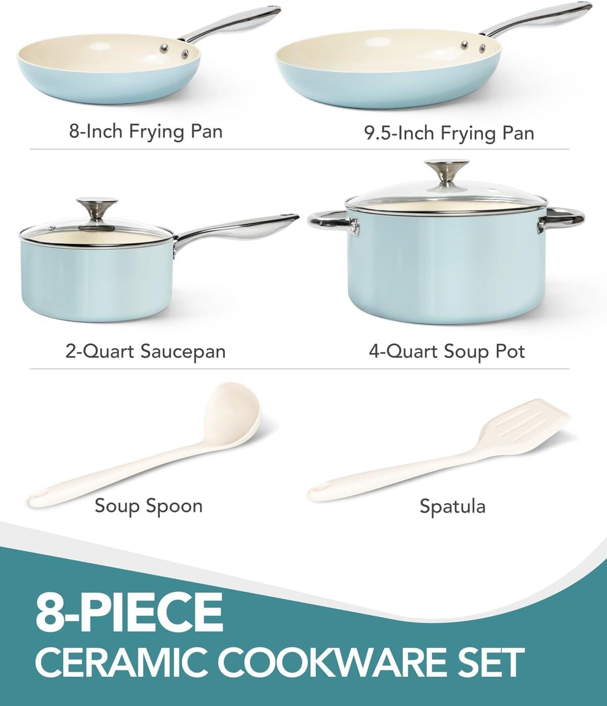 image:imageMICHELANGELO Pots and Pans Set Non Stick Titanium Cookware Set Non Toxic Ceramic Coating 8Pcs Nonstick Pots and Pans with Ergonomic Handle Dishwasher Safe amp Induction Compatible BlueCeramic Cookware Blue