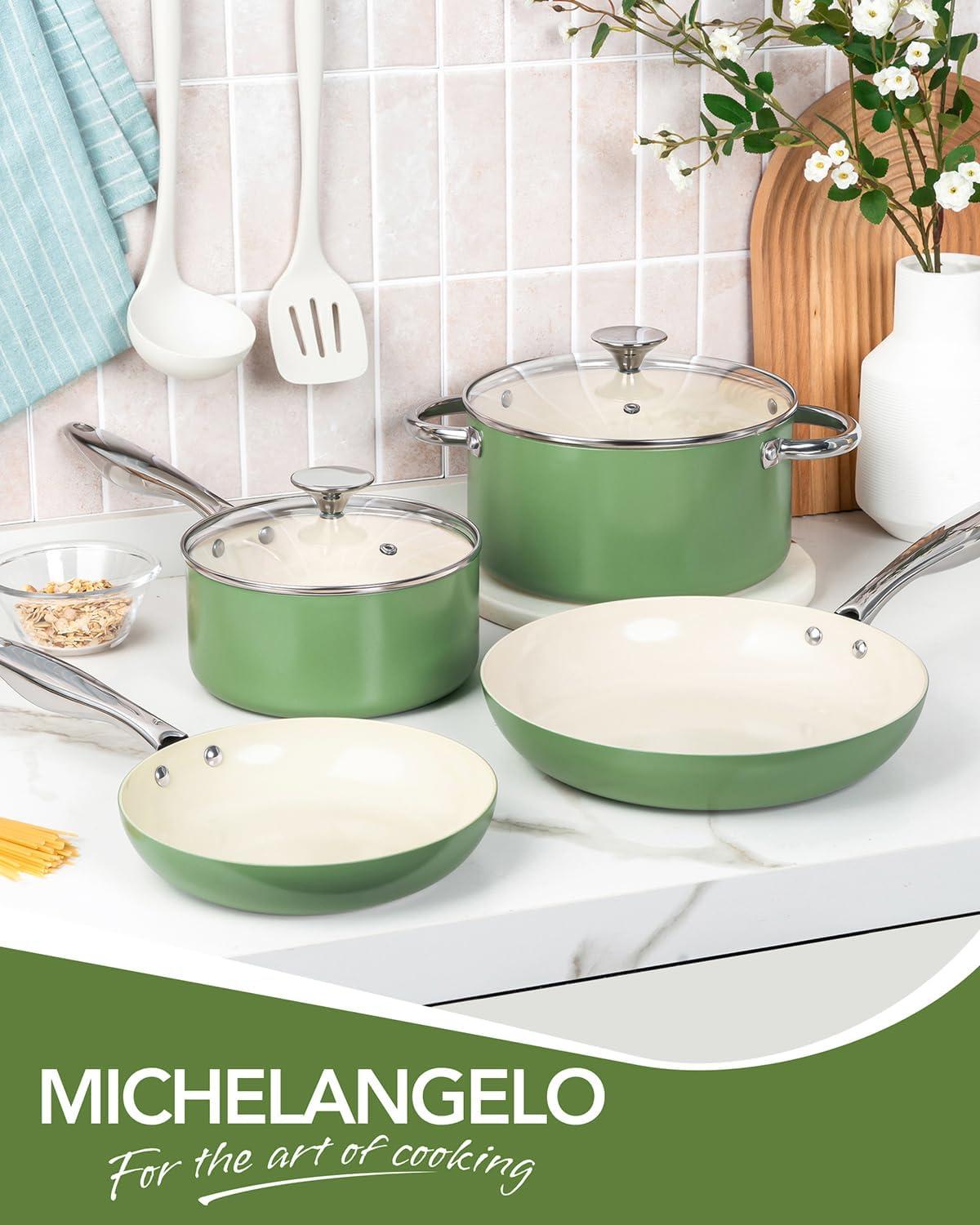 image:imageMICHELANGELO Pots and Pans Set Non Stick Titanium Cookware Set Non Toxic Ceramic Coating 8Pcs Nonstick Pots and Pans with Ergonomic Handle Dishwasher Safe amp Induction Compatible BlueCeramic Cookware Green