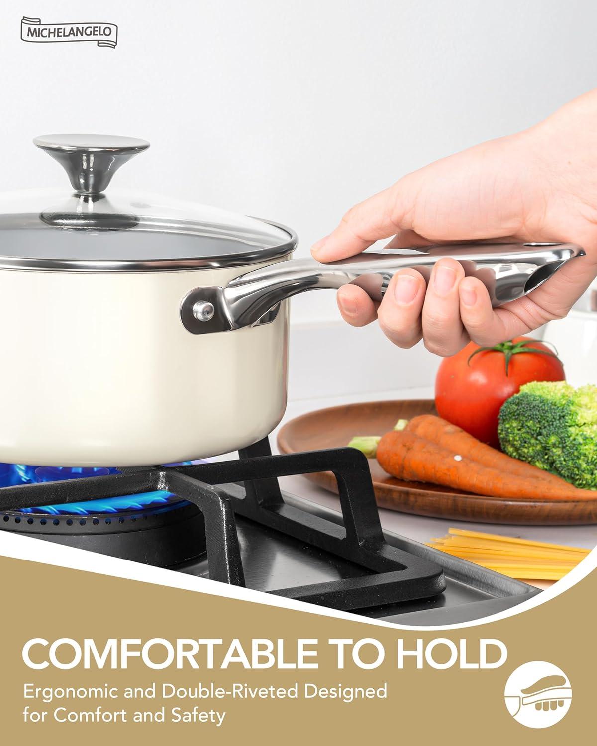 image:imageMICHELANGELO Pots and Pans Set Non Stick Titanium Cookware Set Non Toxic Ceramic Coating 8Pcs Nonstick Pots and Pans with Ergonomic Handle Dishwasher Safe amp Induction Compatible BlueCeramic Cookware Cream