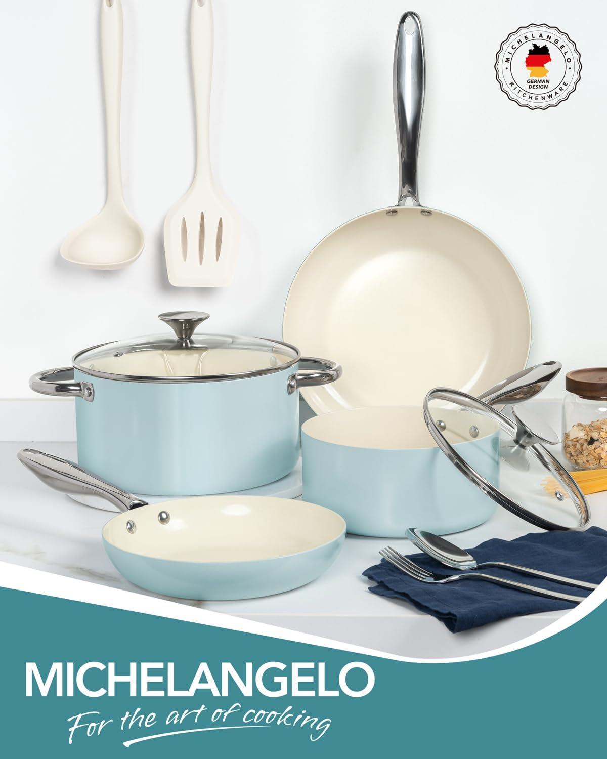 image:imageMICHELANGELO Pots and Pans Set Non Stick Titanium Cookware Set Non Toxic Ceramic Coating 8Pcs Nonstick Pots and Pans with Ergonomic Handle Dishwasher Safe amp Induction Compatible BlueCeramic Cookware Blue