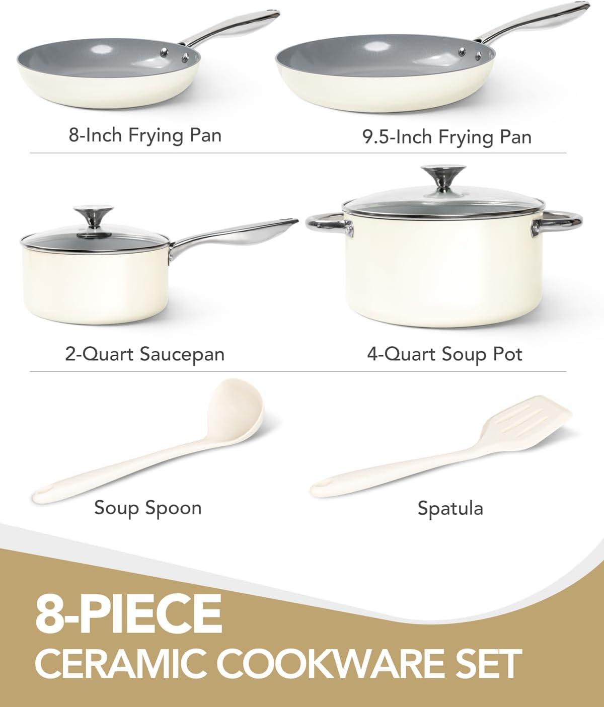 image:imageMICHELANGELO Pots and Pans Set Non Stick Titanium Cookware Set Non Toxic Ceramic Coating 8Pcs Nonstick Pots and Pans with Ergonomic Handle Dishwasher Safe amp Induction Compatible BlueCeramic Cookware Cream
