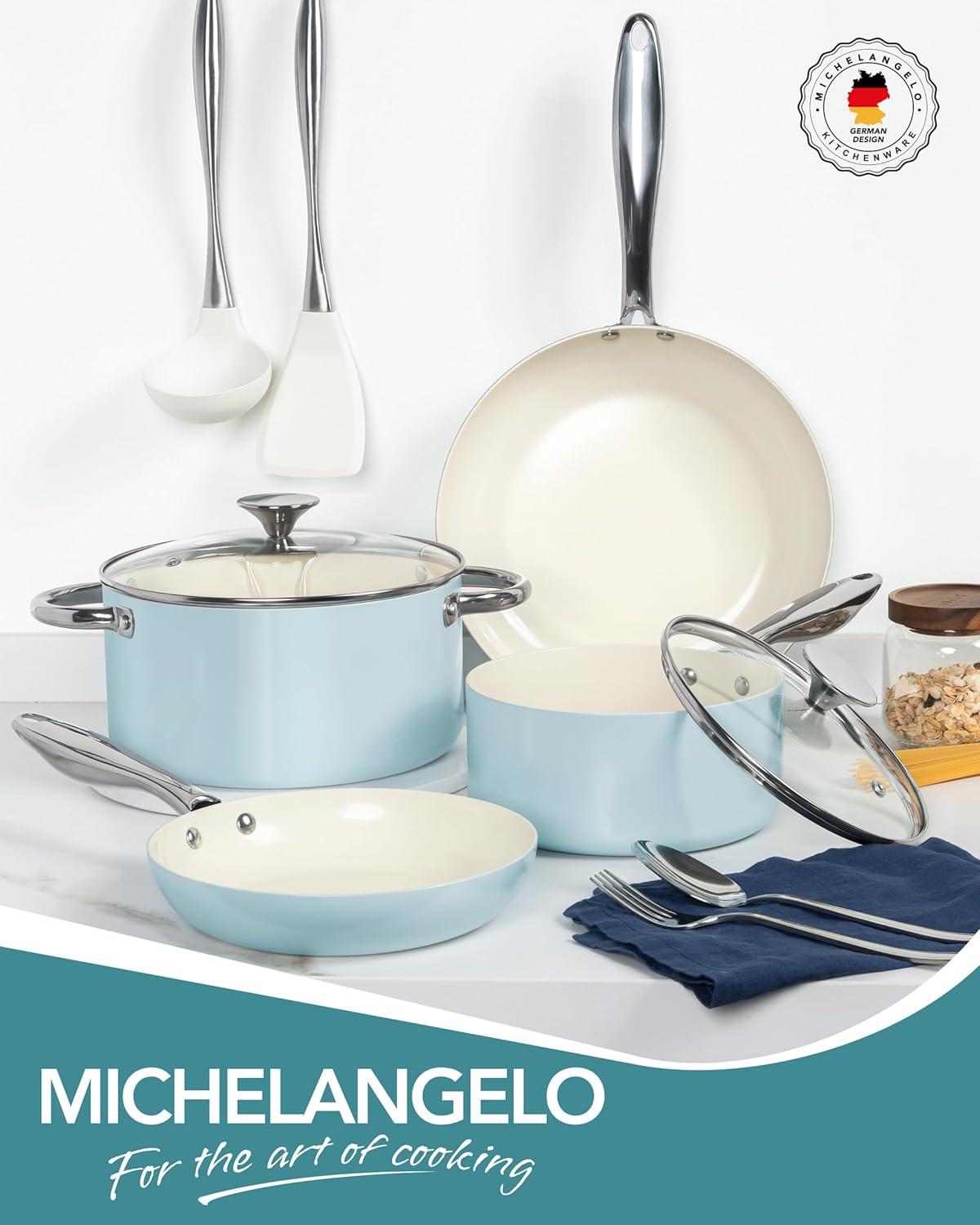 image:imageMICHELANGELO Pots and Pans Set Non Stick Ceramic Cookware Set 8Piece Nonstick Pots and Pans NonToxic Oven Safe amp Compatible with All Stovetops BlueBlue