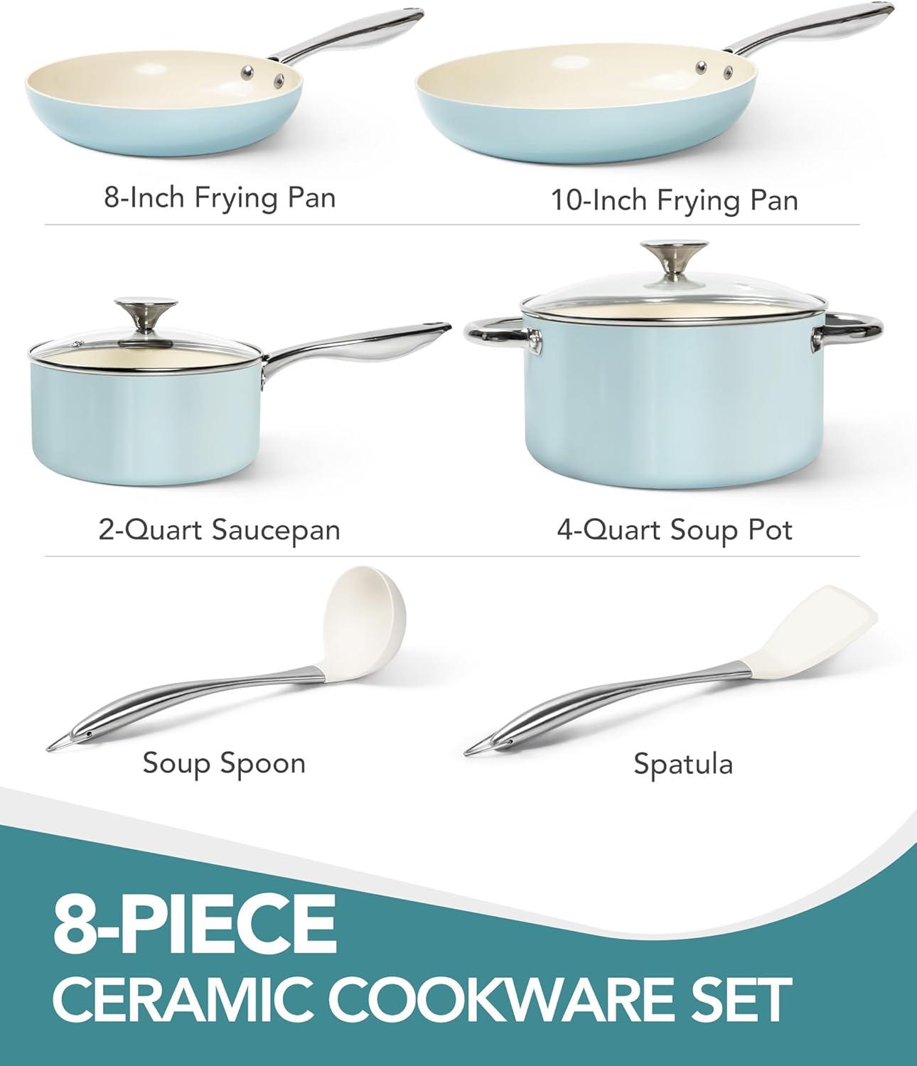 image:imageMICHELANGELO Pots and Pans Set Non Stick Ceramic Cookware Set 8Piece Nonstick Pots and Pans NonToxic Oven Safe amp Compatible with All Stovetops BlueBlue