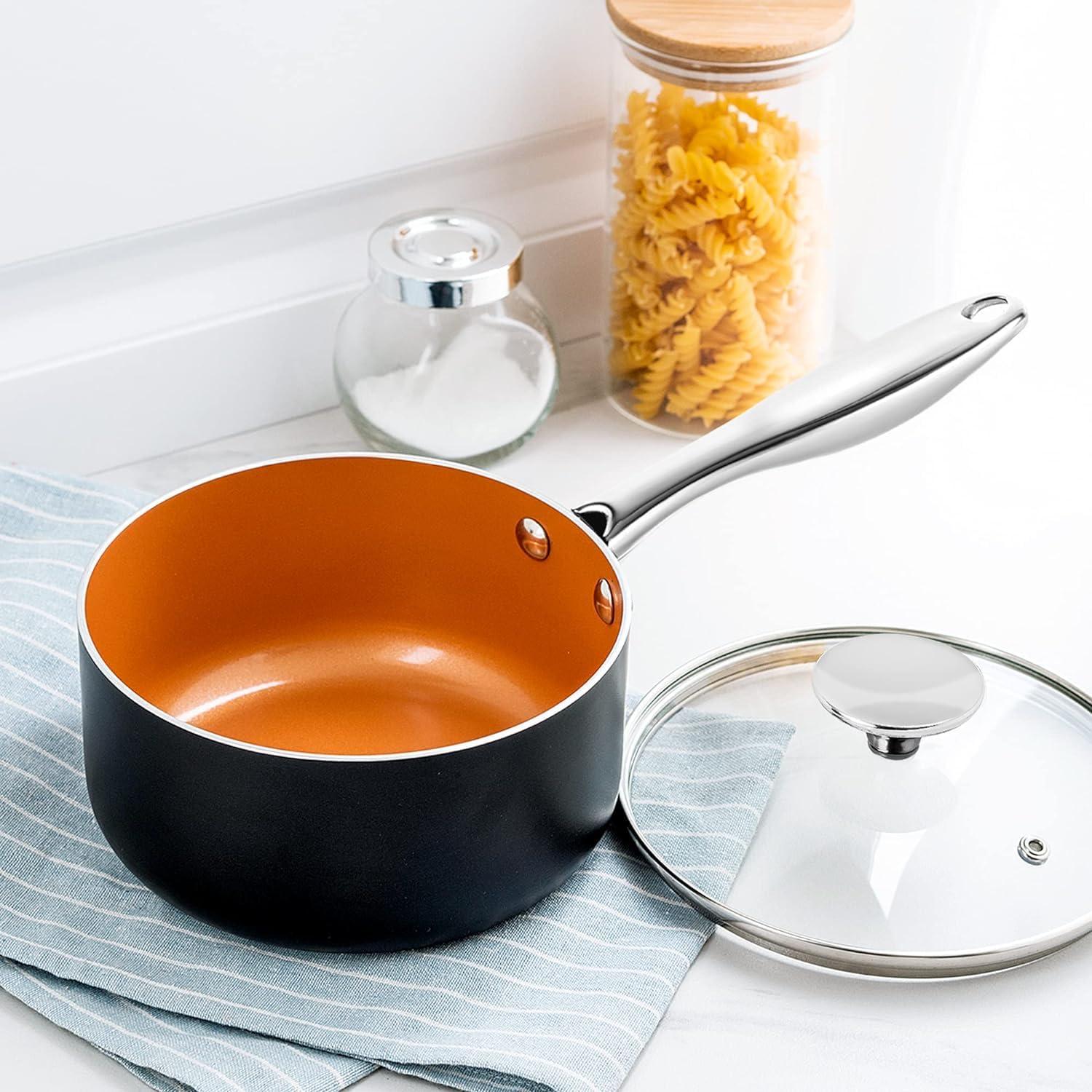 image:imageMICHELANGELO Sauce Pan with Lid 1Qt amp 2Qt amp 3Qt Sauce Pan Set Ceramic Saucepans with Lids Copper Small Pots Nonstick Saucepan Set Oven SafeCopper