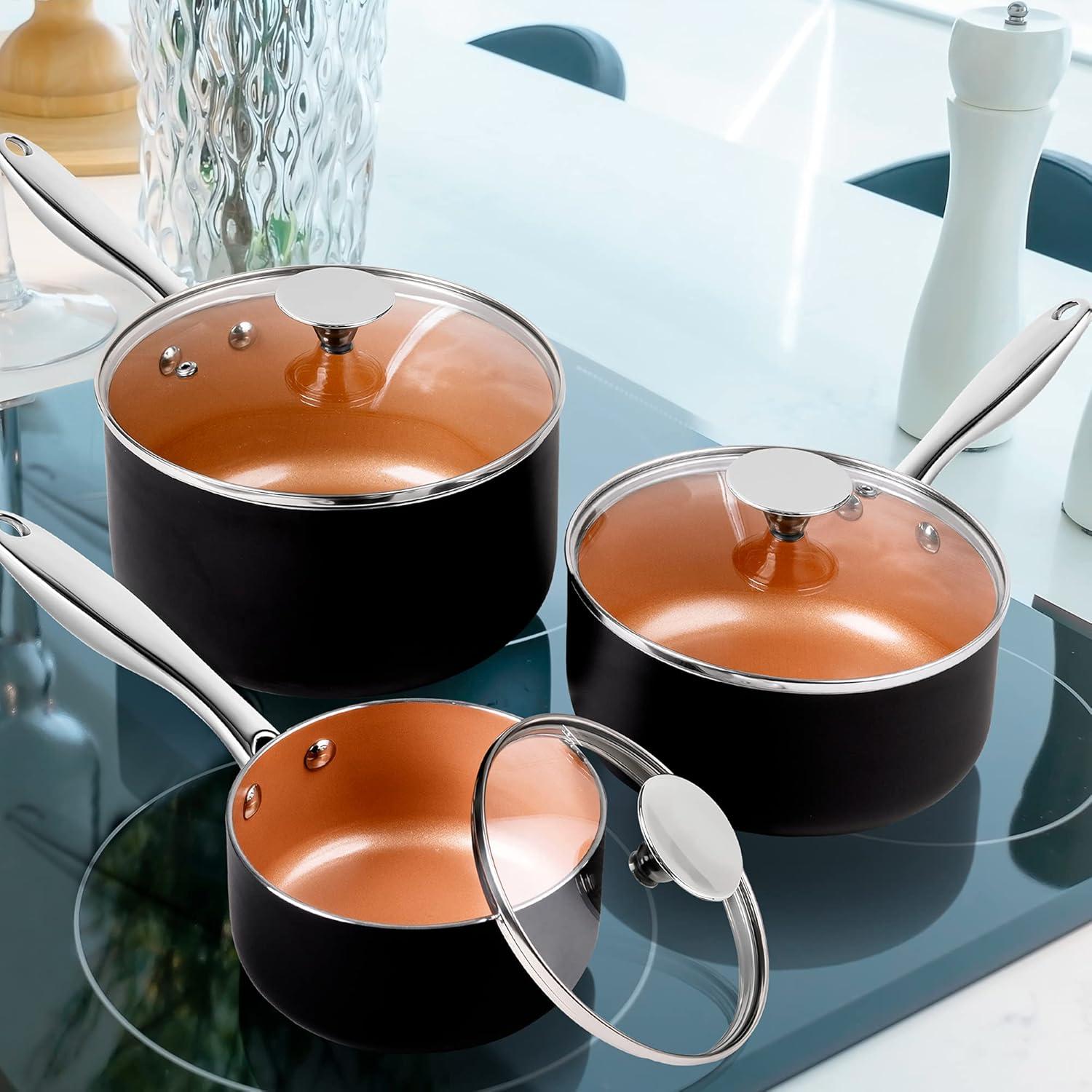 image:imageMICHELANGELO Sauce Pan with Lid 1Qt amp 2Qt amp 3Qt Sauce Pan Set Ceramic Saucepans with Lids Copper Small Pots Nonstick Saucepan Set Oven SafeCopper