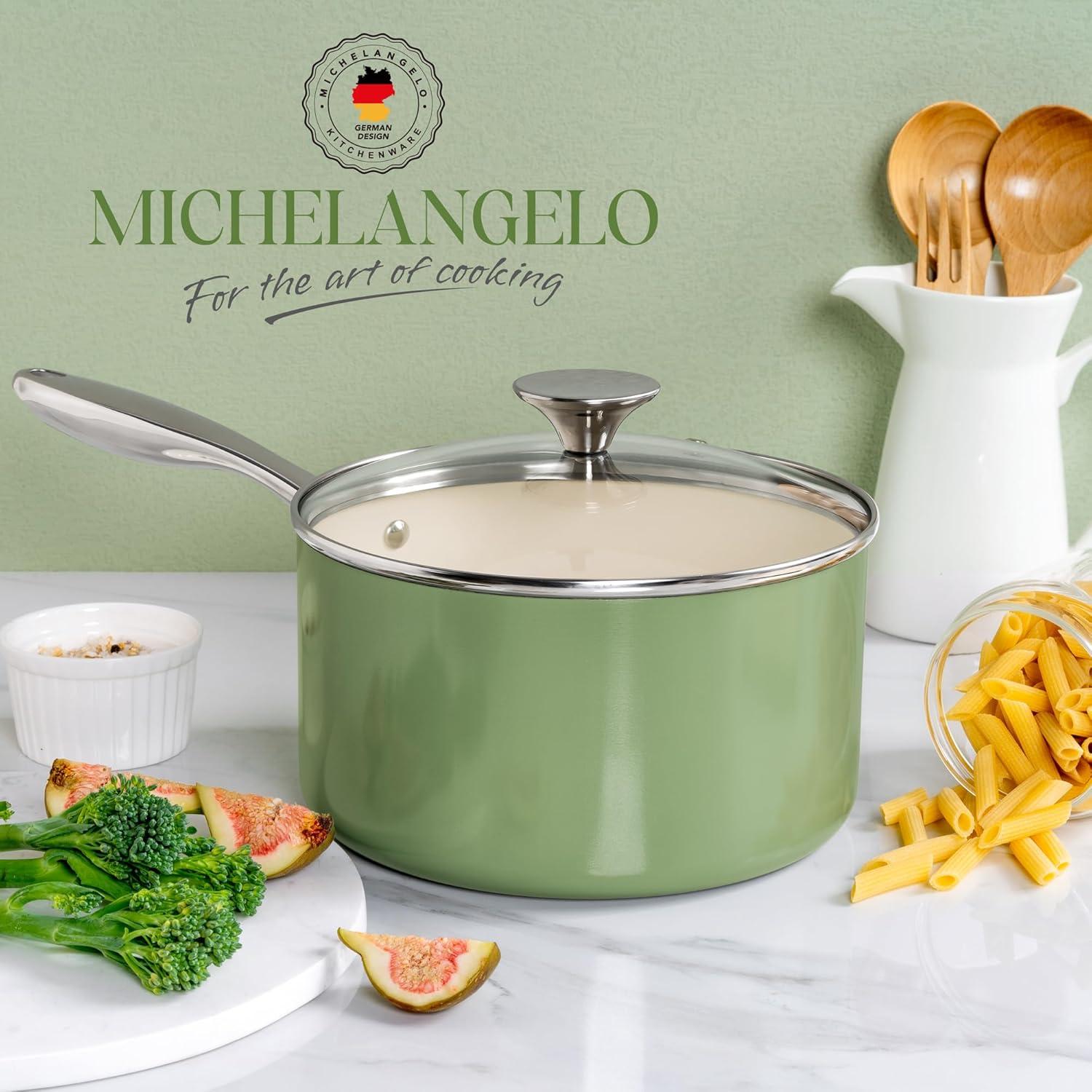 image:imageMICHELANGELO Sauce Pan with Lid Non Stick Saucepan Set of 31Qt amp 2Qt amp 3Qt Small Pots for Cooking Ceramic Saucepan NonToxic ScratchResistant Oven Safe Light BlueNatural Green