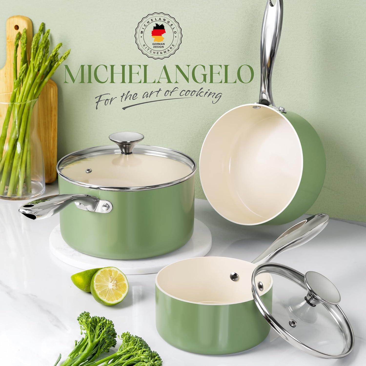 image:imageMICHELANGELO Sauce Pan with Lid Non Stick Saucepan Set of 31Qt amp 2Qt amp 3Qt Small Pots for Cooking Ceramic Saucepan NonToxic ScratchResistant Oven Safe Light BlueNatural Green