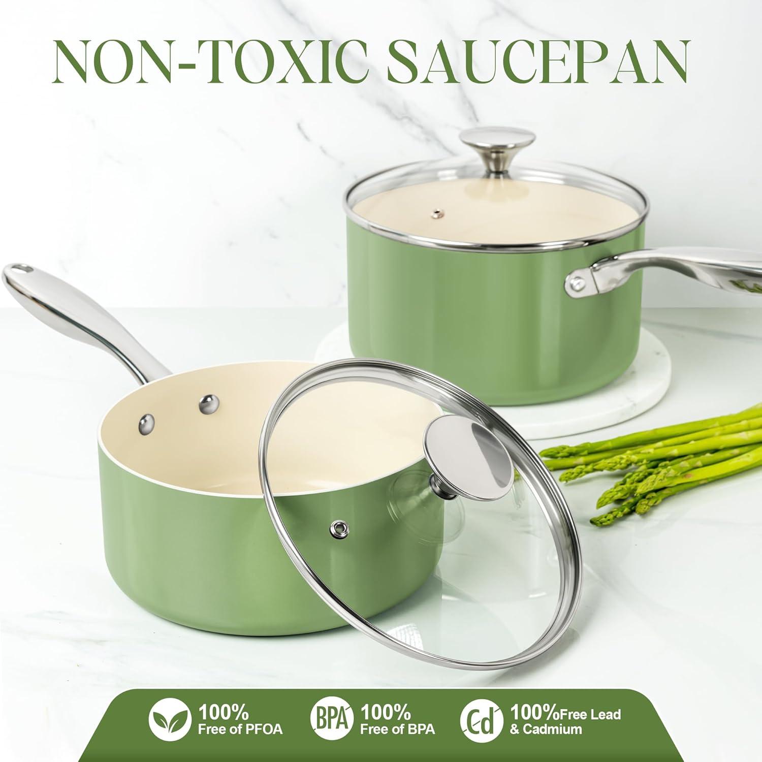 image:imageMICHELANGELO Sauce Pan with Lid Non Stick Saucepan Set of 31Qt amp 2Qt amp 3Qt Small Pots for Cooking Ceramic Saucepan NonToxic ScratchResistant Oven Safe Light BlueNatural Green