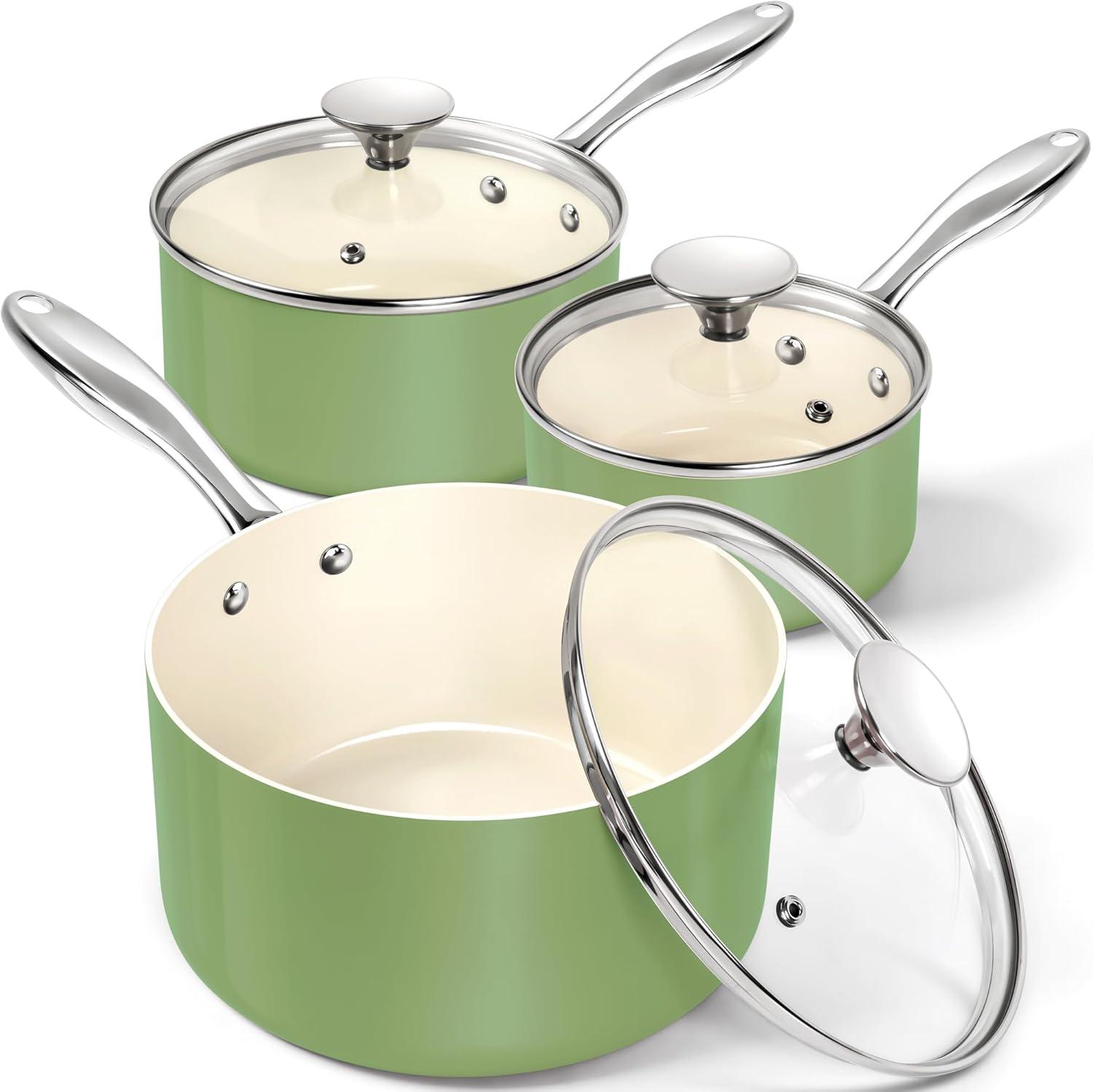 image:imageMICHELANGELO Sauce Pan with Lid Non Stick Saucepan Set of 31Qt amp 2Qt amp 3Qt Small Pots for Cooking Ceramic Saucepan NonToxic ScratchResistant Oven Safe Light BlueNatural Green
