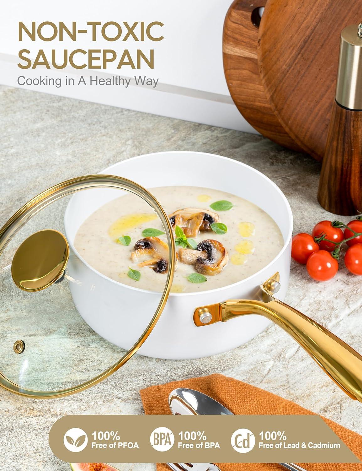 image:imageMICHELANGELO Sauce Pan with Lid Nonstick Ceramic Saucepan Set1Qt amp 2Qt amp 3Qt Small Pots with Ergonomic Handle Sauce Pans Sets Oven Safe WhiteWhite