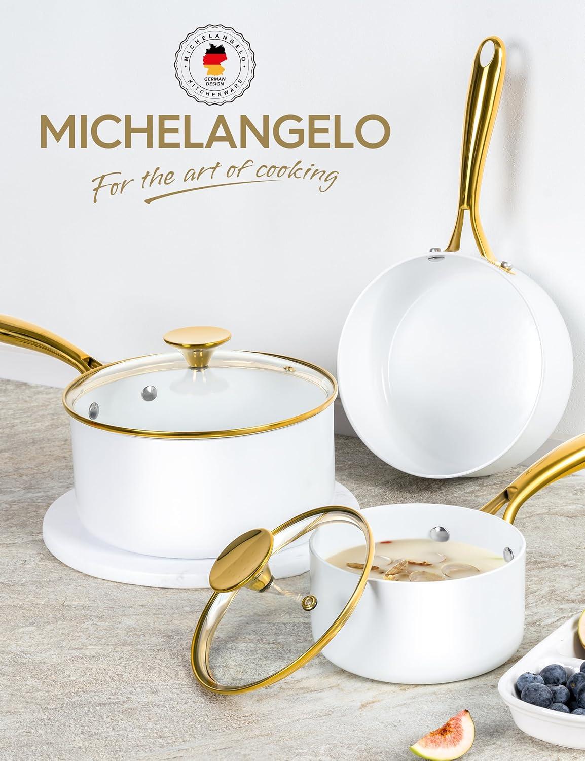 image:imageMICHELANGELO Sauce Pan with Lid Nonstick Ceramic Saucepan Set1Qt amp 2Qt amp 3Qt Small Pots with Ergonomic Handle Sauce Pans Sets Oven Safe WhiteWhite