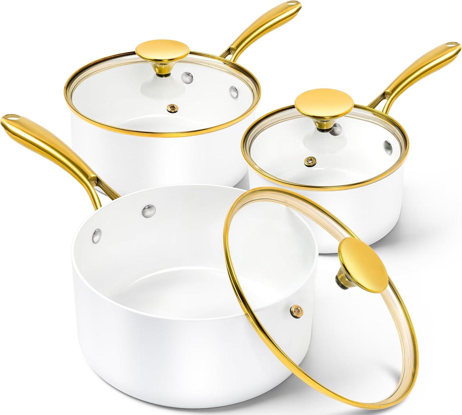 image:imageMICHELANGELO Sauce Pan with Lid Nonstick Ceramic Saucepan Set1Qt amp 2Qt amp 3Qt Small Pots with Ergonomic Handle Sauce Pans Sets Oven Safe WhiteWhite