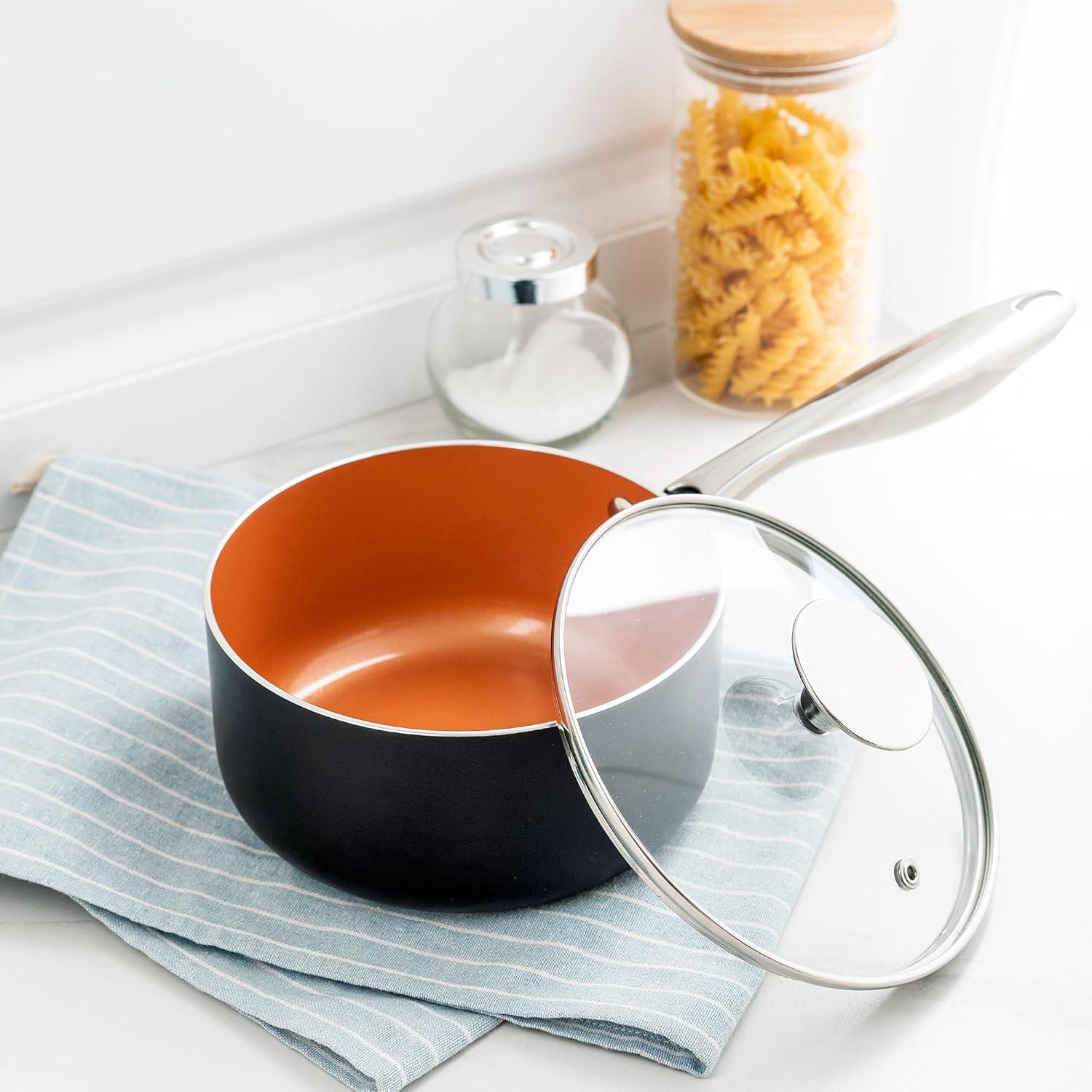 image:imageMICHELANGELO Sauce Pan with Lid Ultra Nonstick 3 Qt Saucepan with Lid 3 Quart Non Stick Pot Induction Compatible Ceramic Small Pot Copper1 Quarts