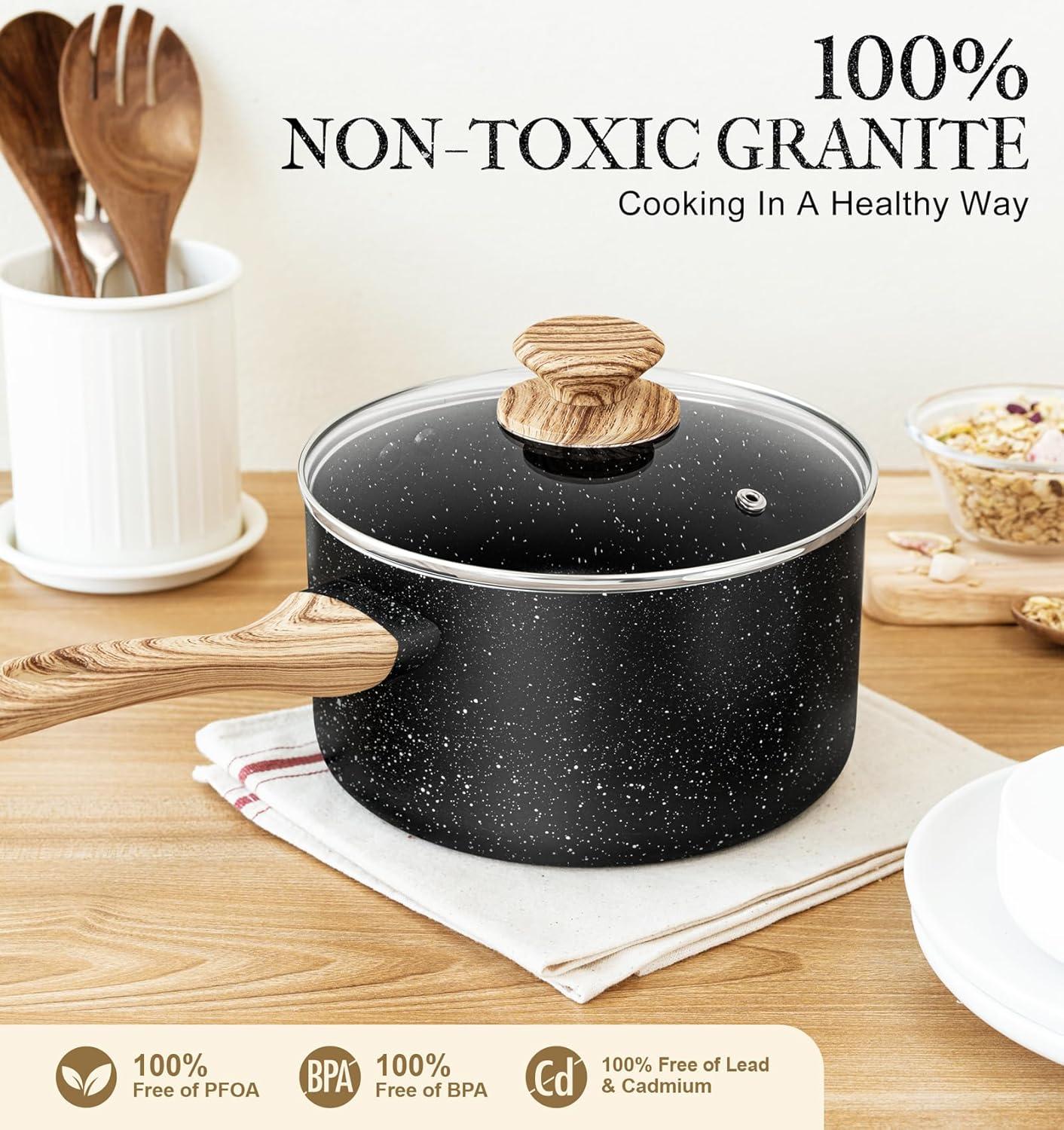 image:imageMICHELANGELO Saucepan Set 3Piece Nonstick Sauce Pans with Lids 1QT 2QT 3QT Black Granite Stone3 Quarts