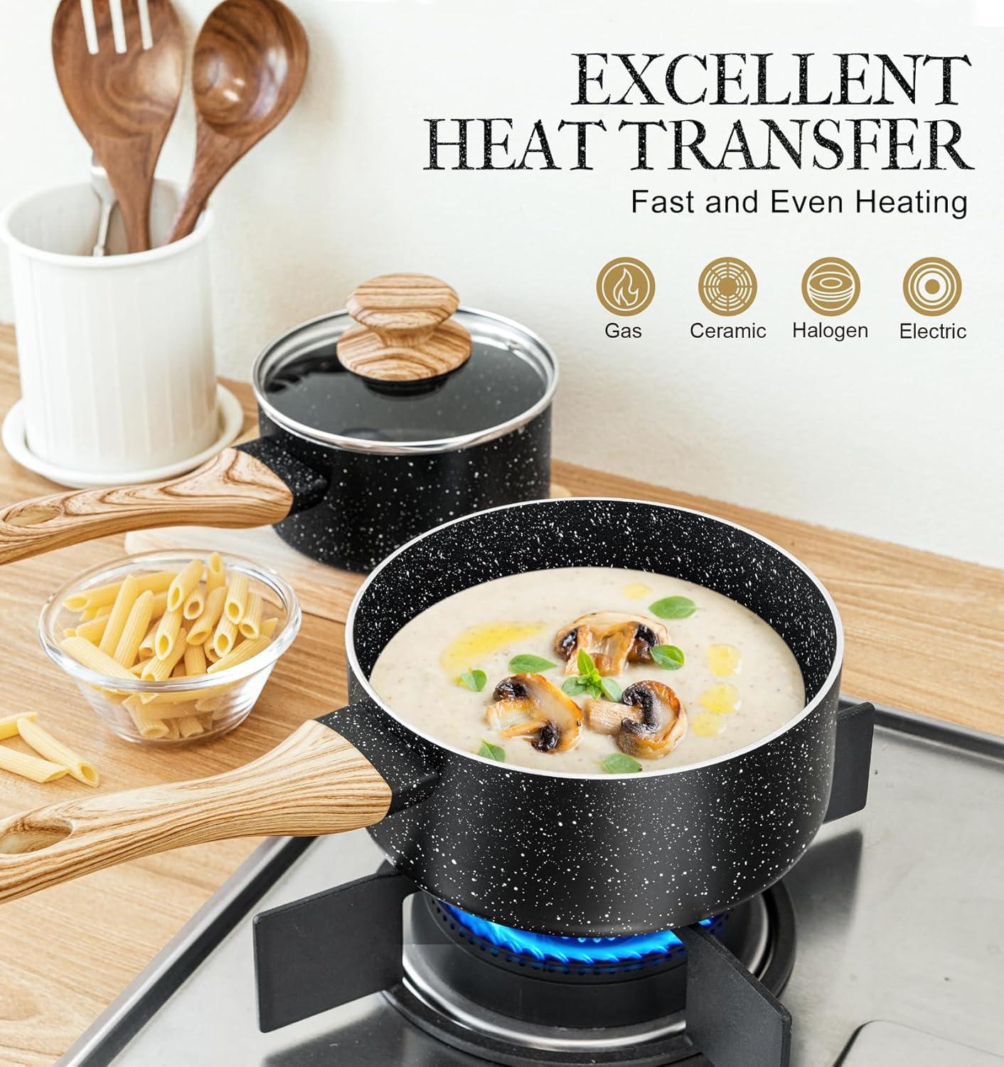image:imageMICHELANGELO Saucepan Set 3Piece Nonstick Sauce Pans with Lids 1QT 2QT 3QT Black Granite Stone3 Quarts